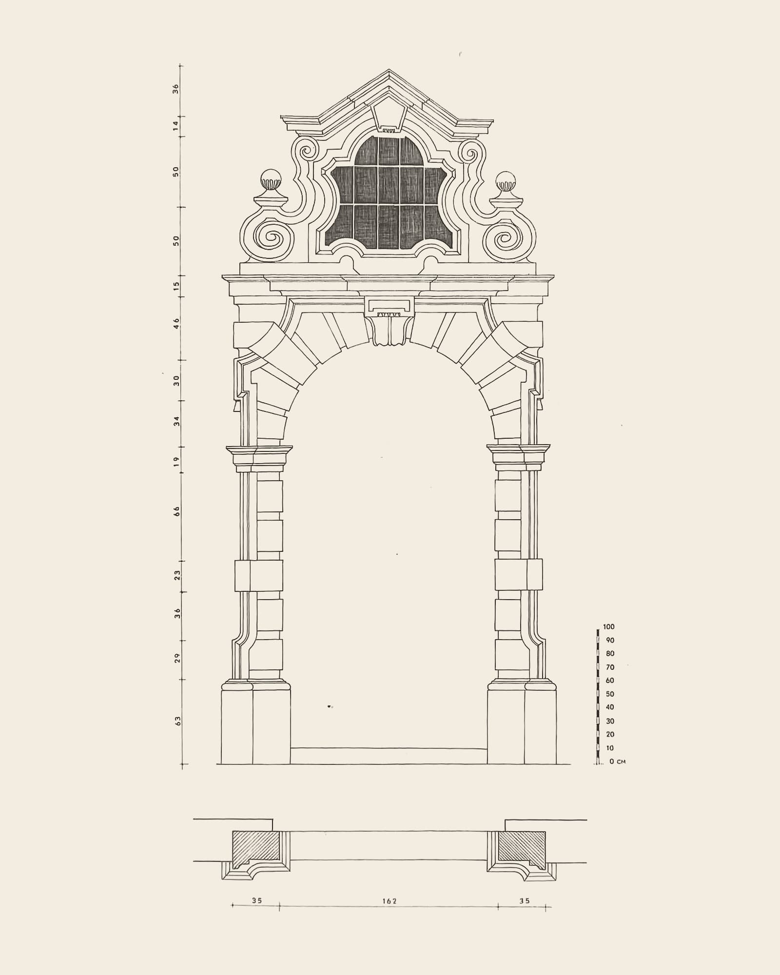Measured drawing of the gate at Zilversmidstraat 17: front view with dimension lines, scale bar and floor plan