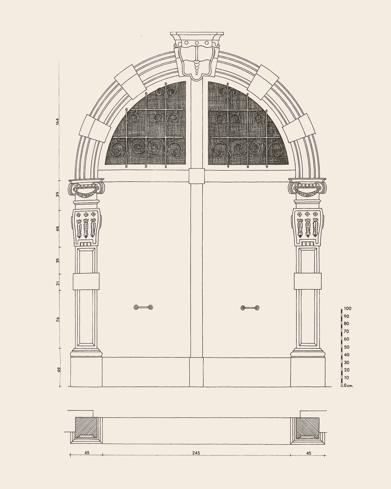 Measured drawing of the gate at Everdijstraat 31: front view with dimension lines, scale bar and floor plan