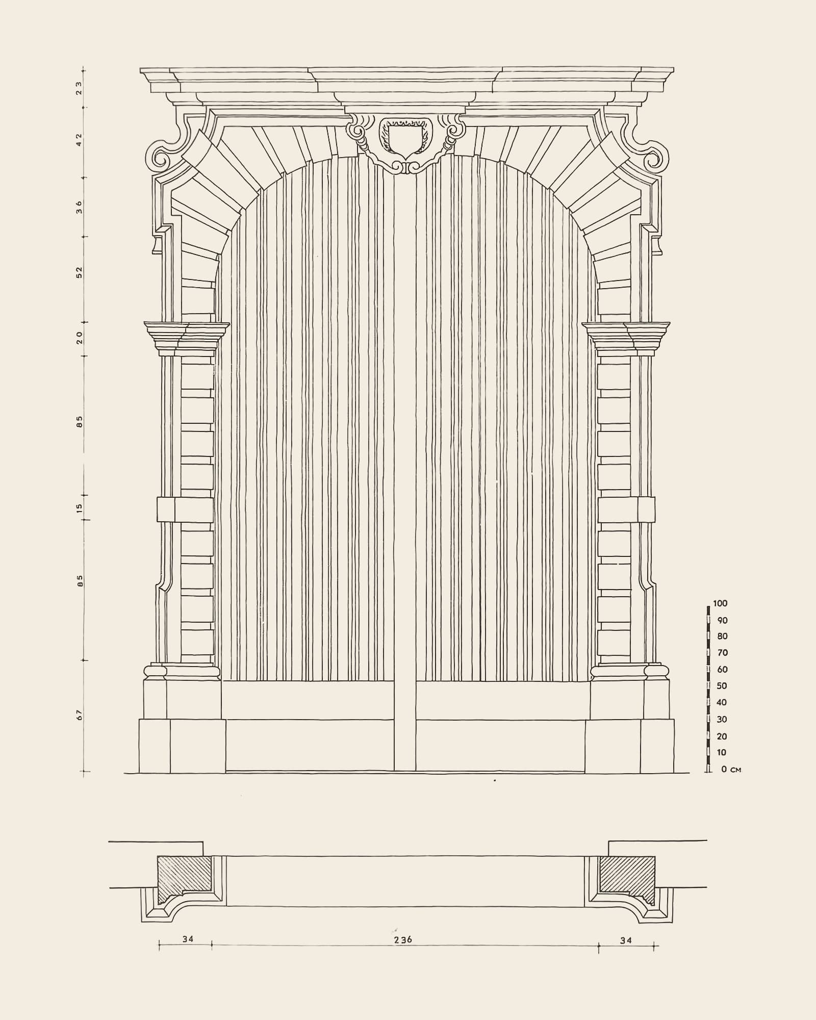 Measured drawing of the gate at Hoogstraat 15: front view with dimension lines, scale bar and floor plan