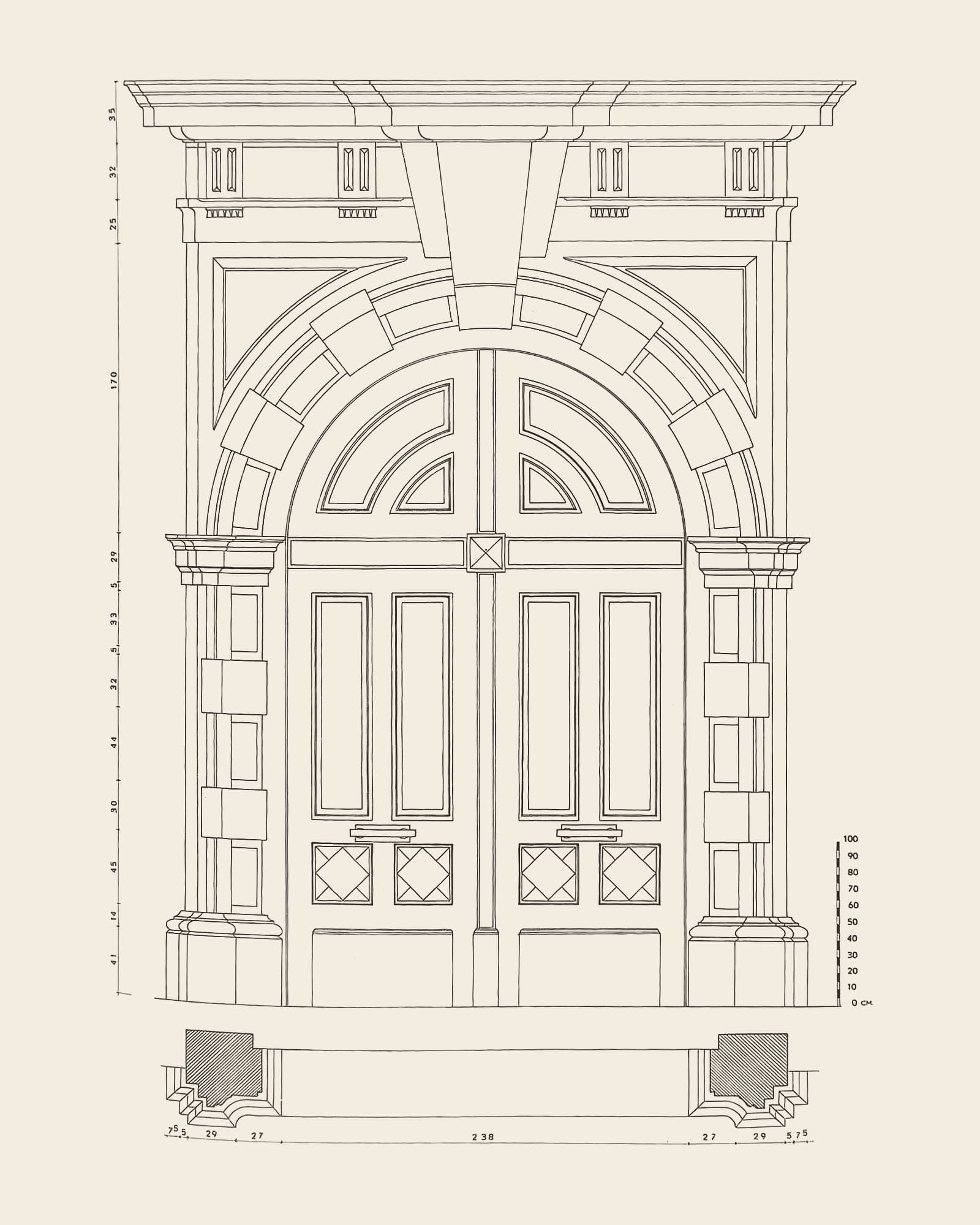 Measured drawing of the gate at Hoogstraat 21: front view with dimension lines, scale bar and floor plan