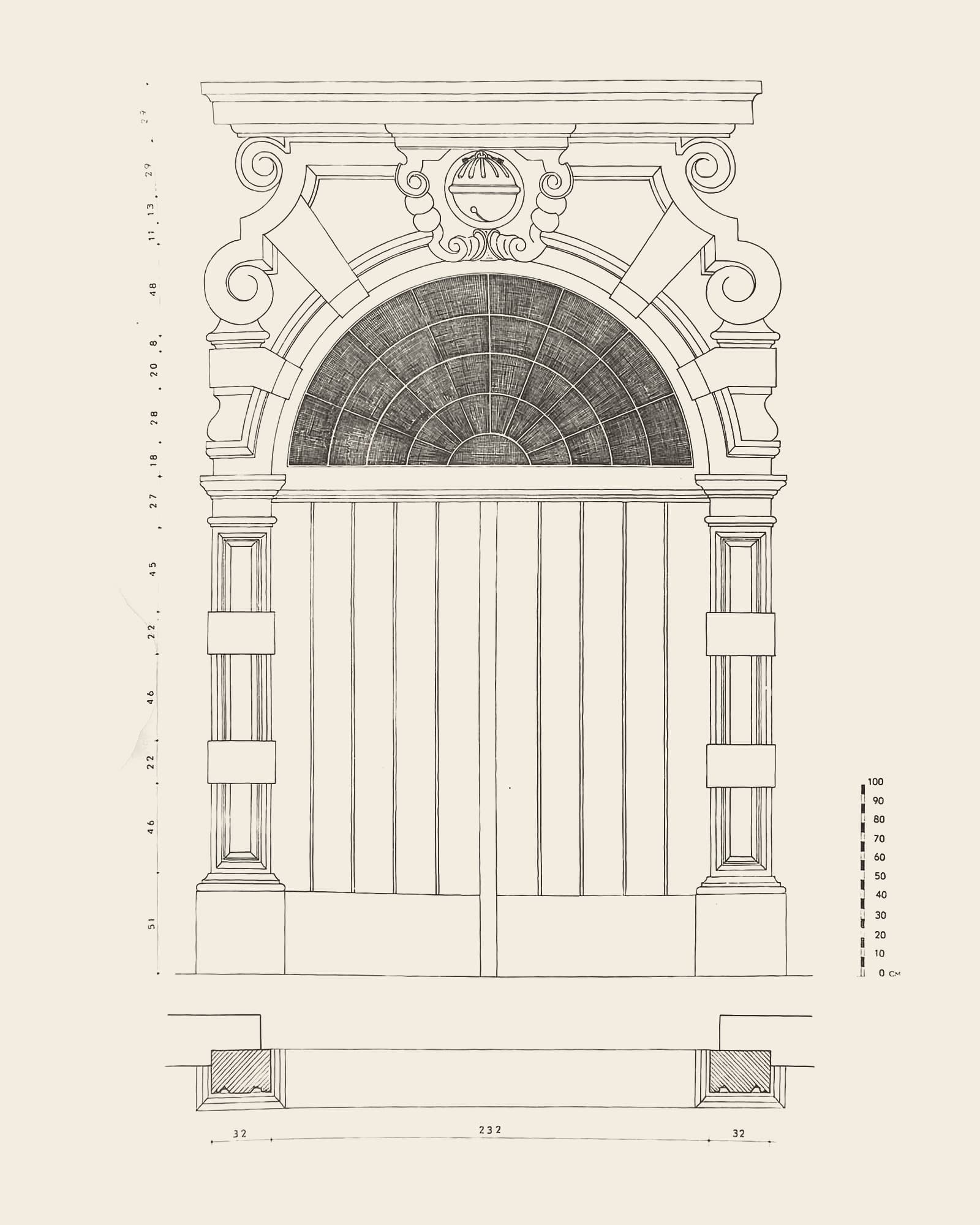 Measured drawing of the gate at Hessenplein (house number not given): front view with dimension lines, scale bar and floor plan