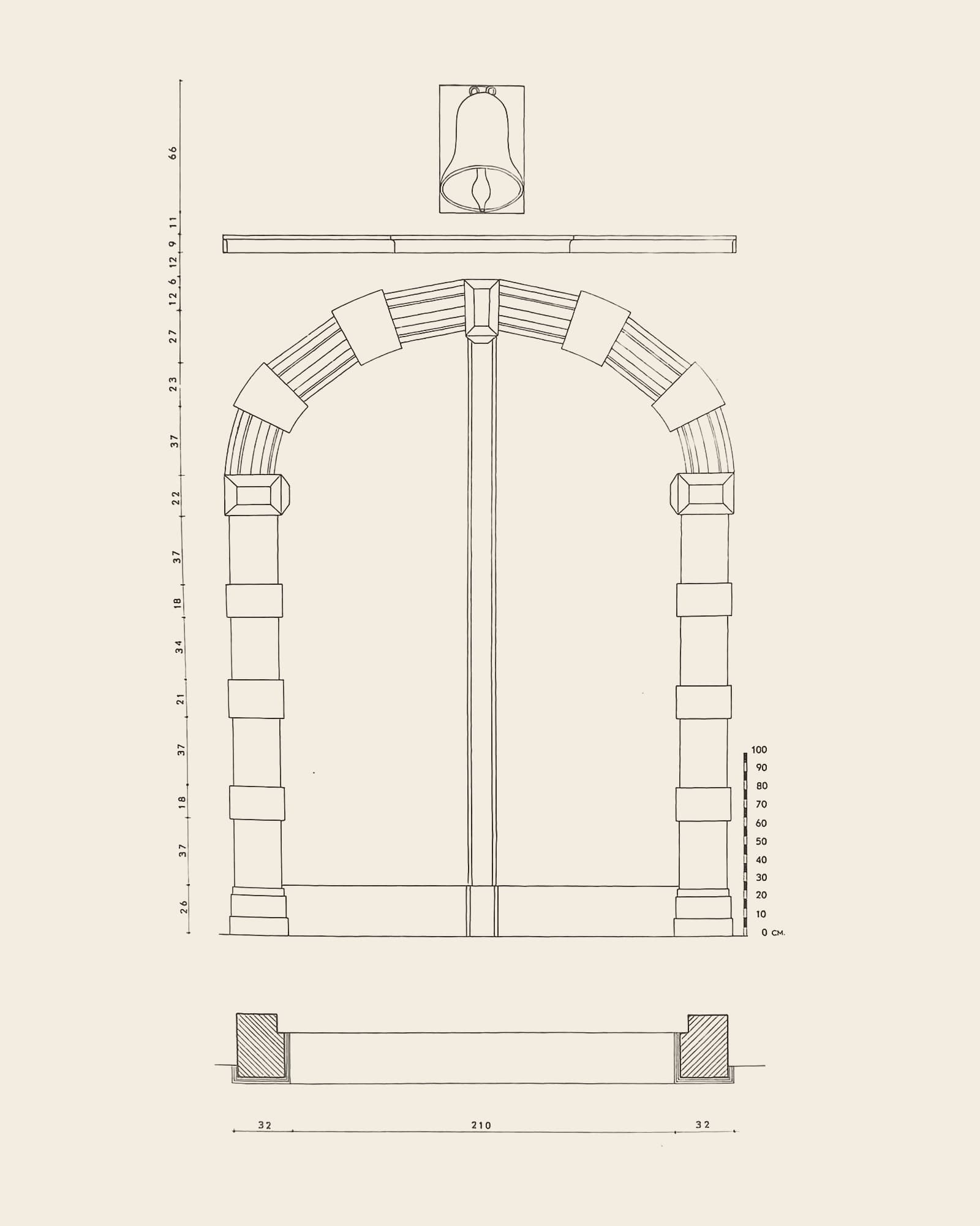 Measured drawing of the gate at Lange Noordstraat 19: front view with dimension lines, scale bar and floor plan