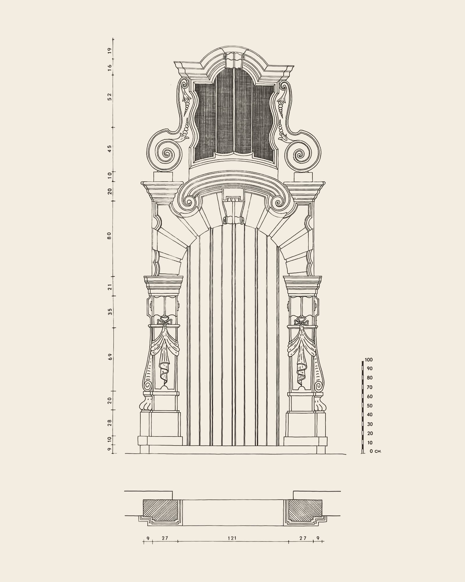 Measured drawing of the gate at Gildekamersstraat 9: front view with dimension lines, scale bar and floor plan