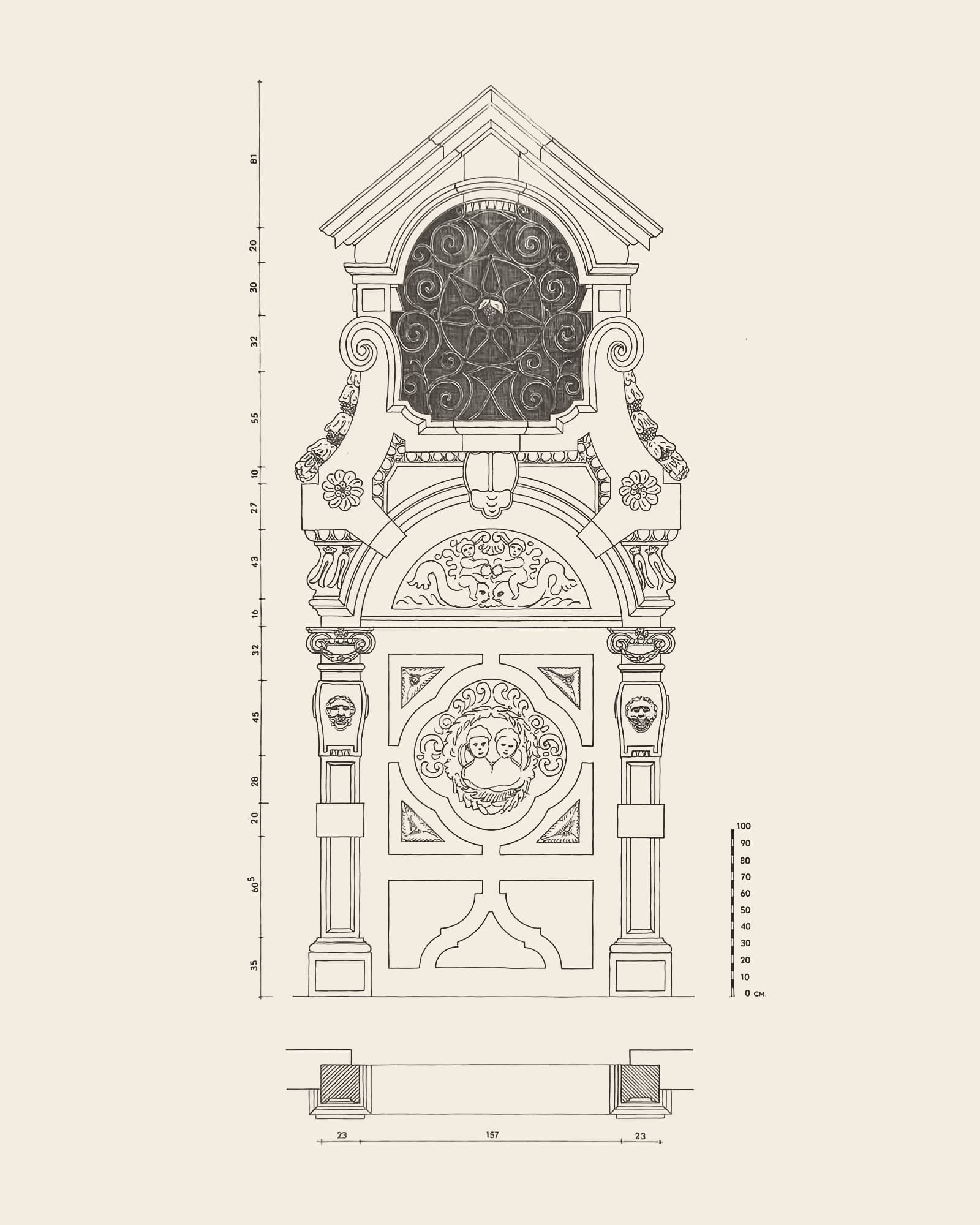 Measured drawing of the gate at Wolstraat 30: front view with dimension lines, scale bar and floor plan
