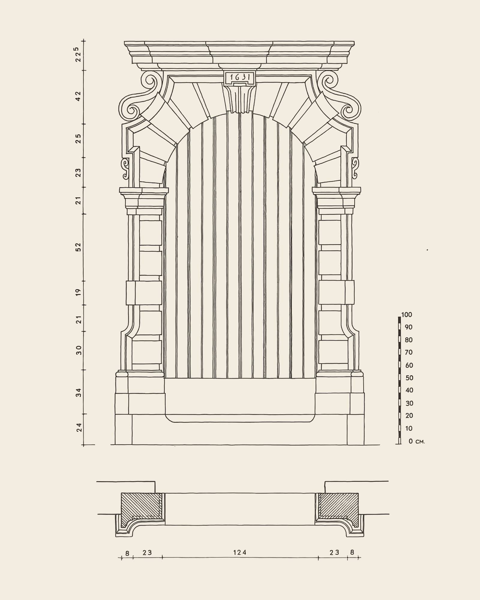 Measured drawing of the gate at Gildekamersstraat 7: front view with dimension lines, scale bar and floor plan