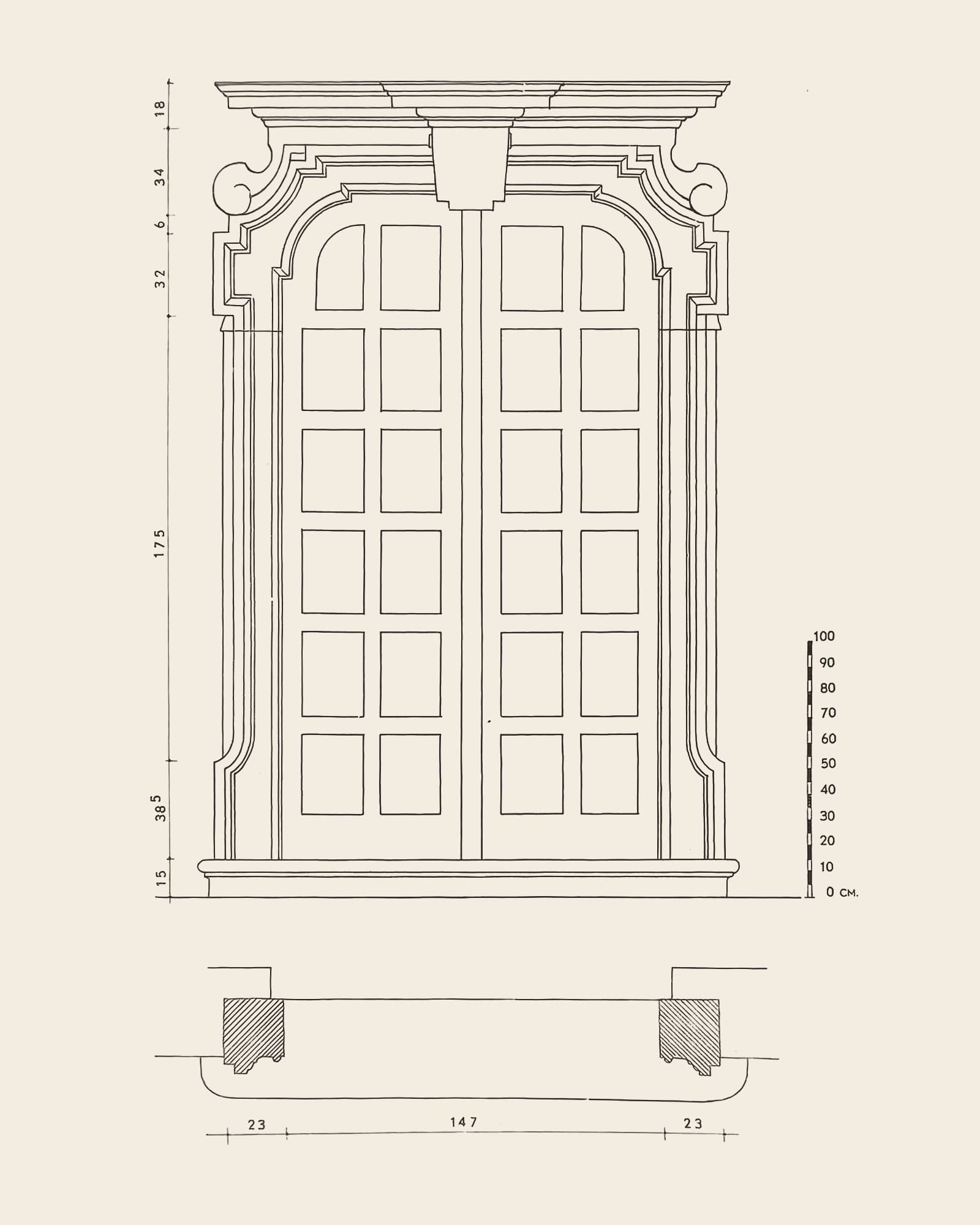 Measured drawing of the gate at Falconrui 47: front view with dimension lines, scale bar and floor plan