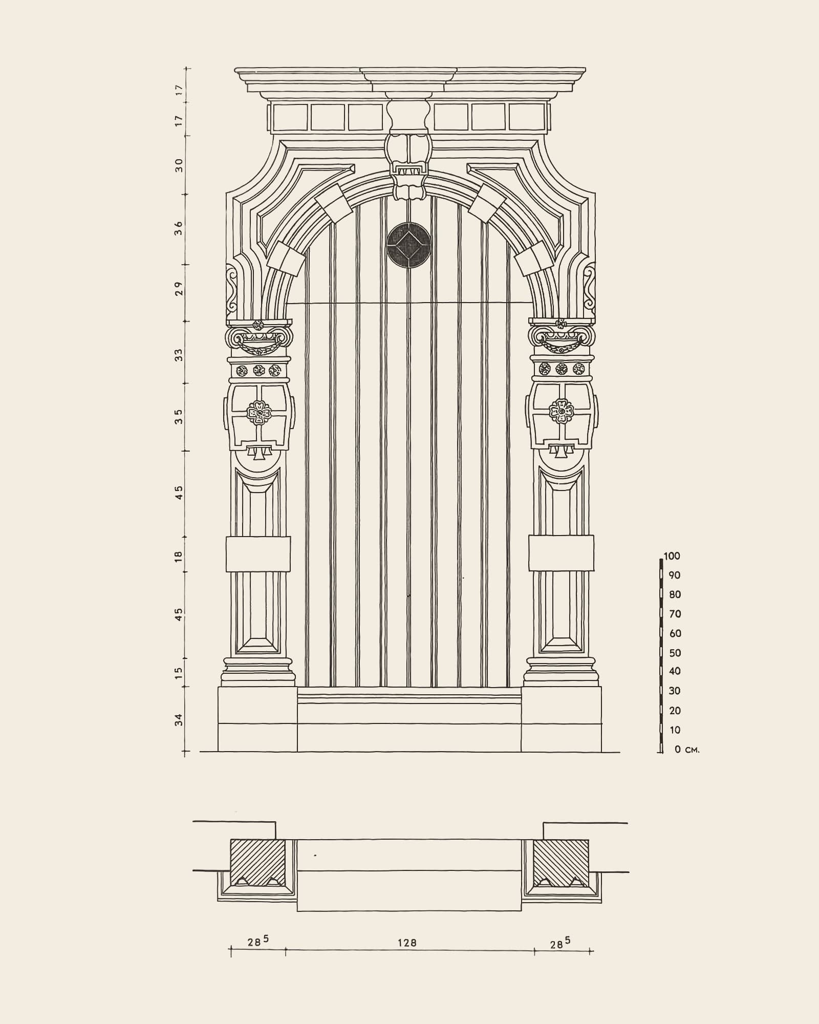 Measured drawing of the gate at Grote Goddaard 22: front view with dimension lines, scale bar and floor plan
