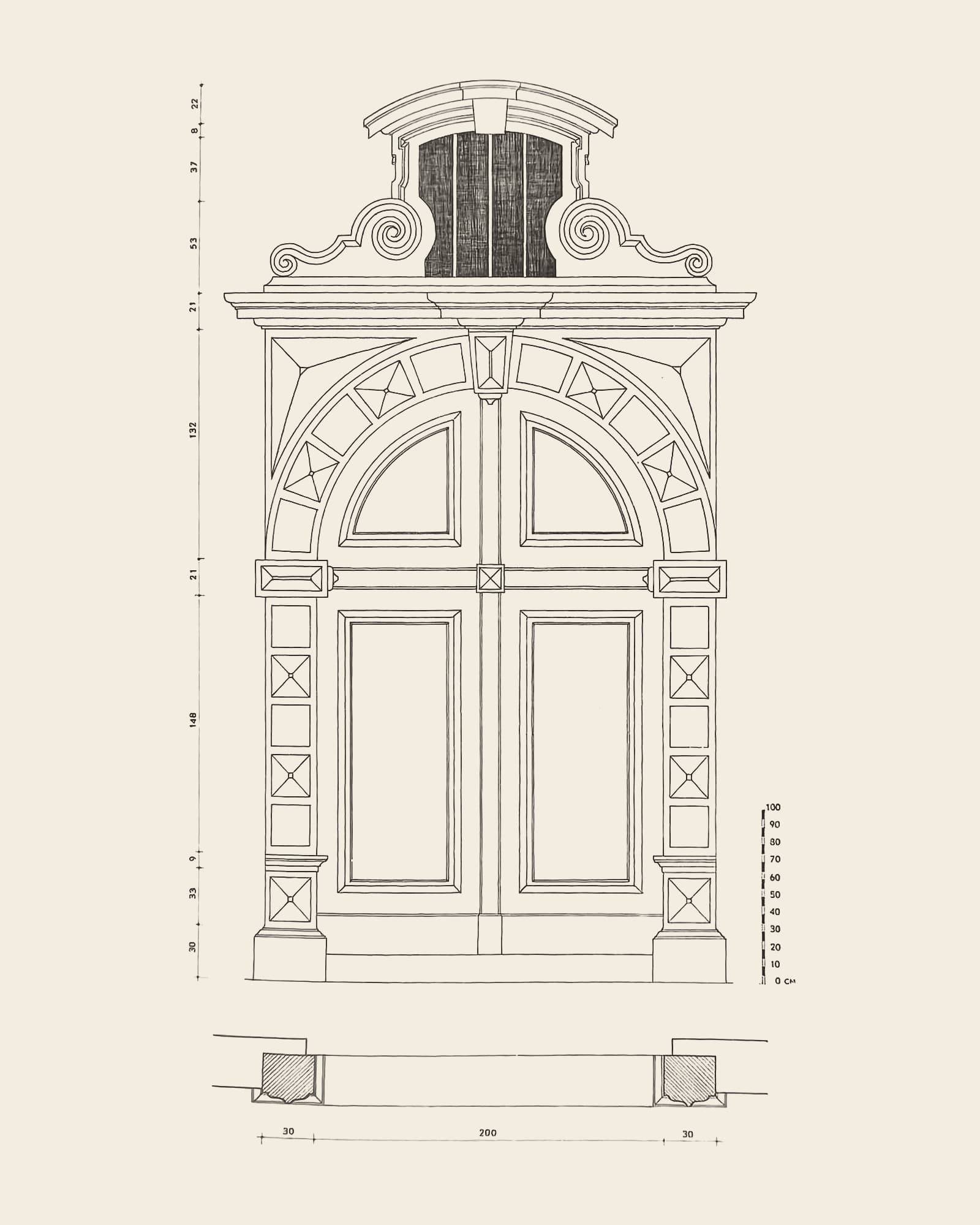 Measured drawing of the gate at Markgravestraat 14: front view with dimension lines, scale bar and floor plan