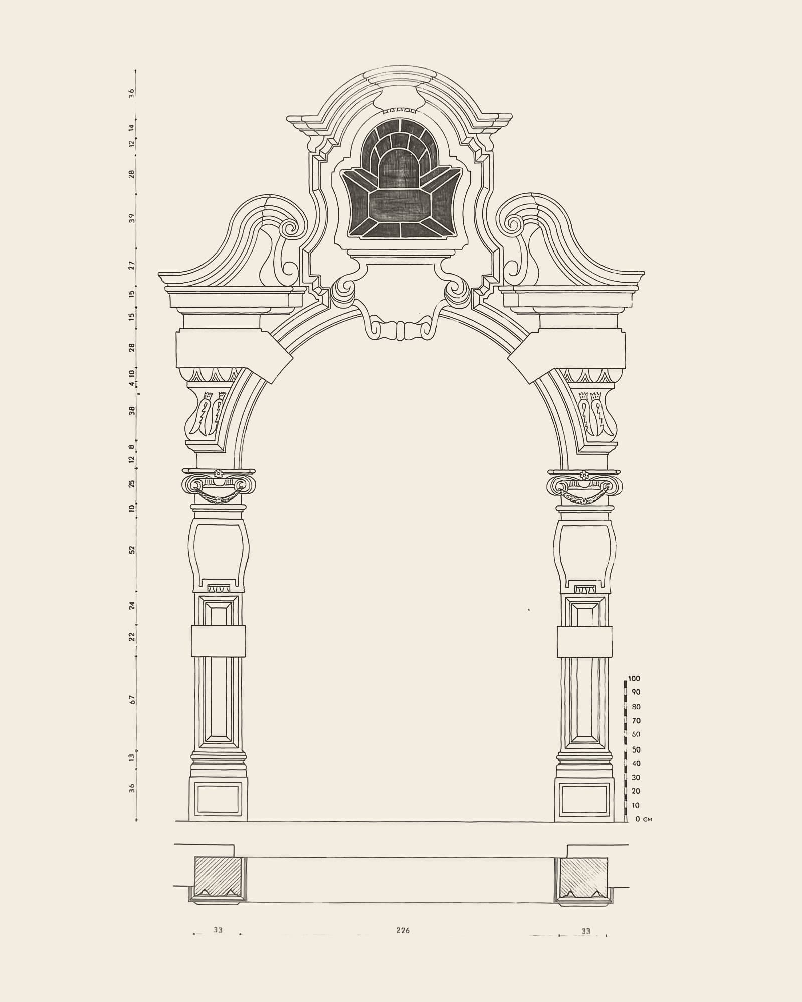 Measured drawing of the gate at Wolstraat 7: front view with dimension lines, scale bar and floor plan