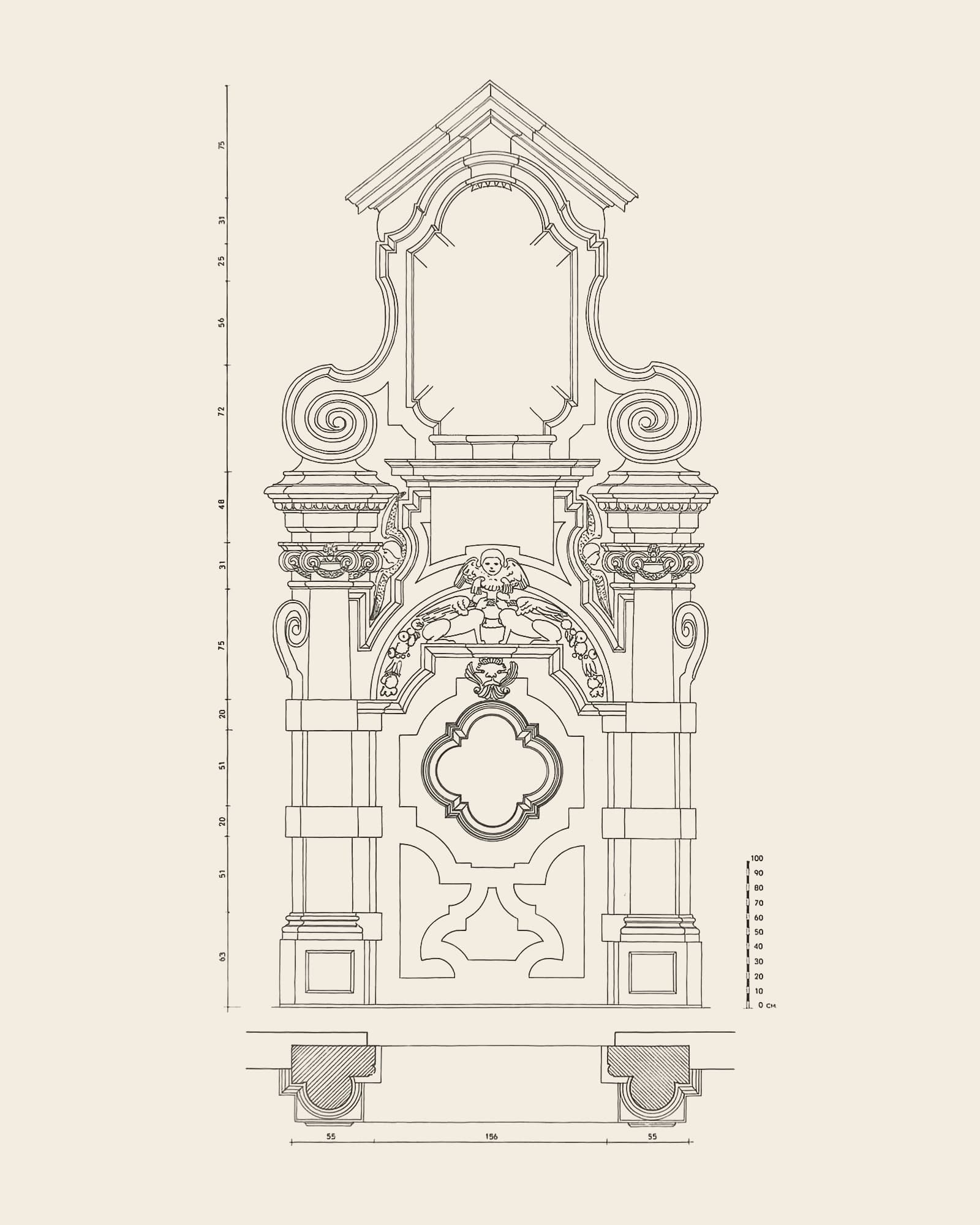 Measured drawing of the gate at Korte Nieuwstraat 22: front view with dimension lines, scale bar and floor plan