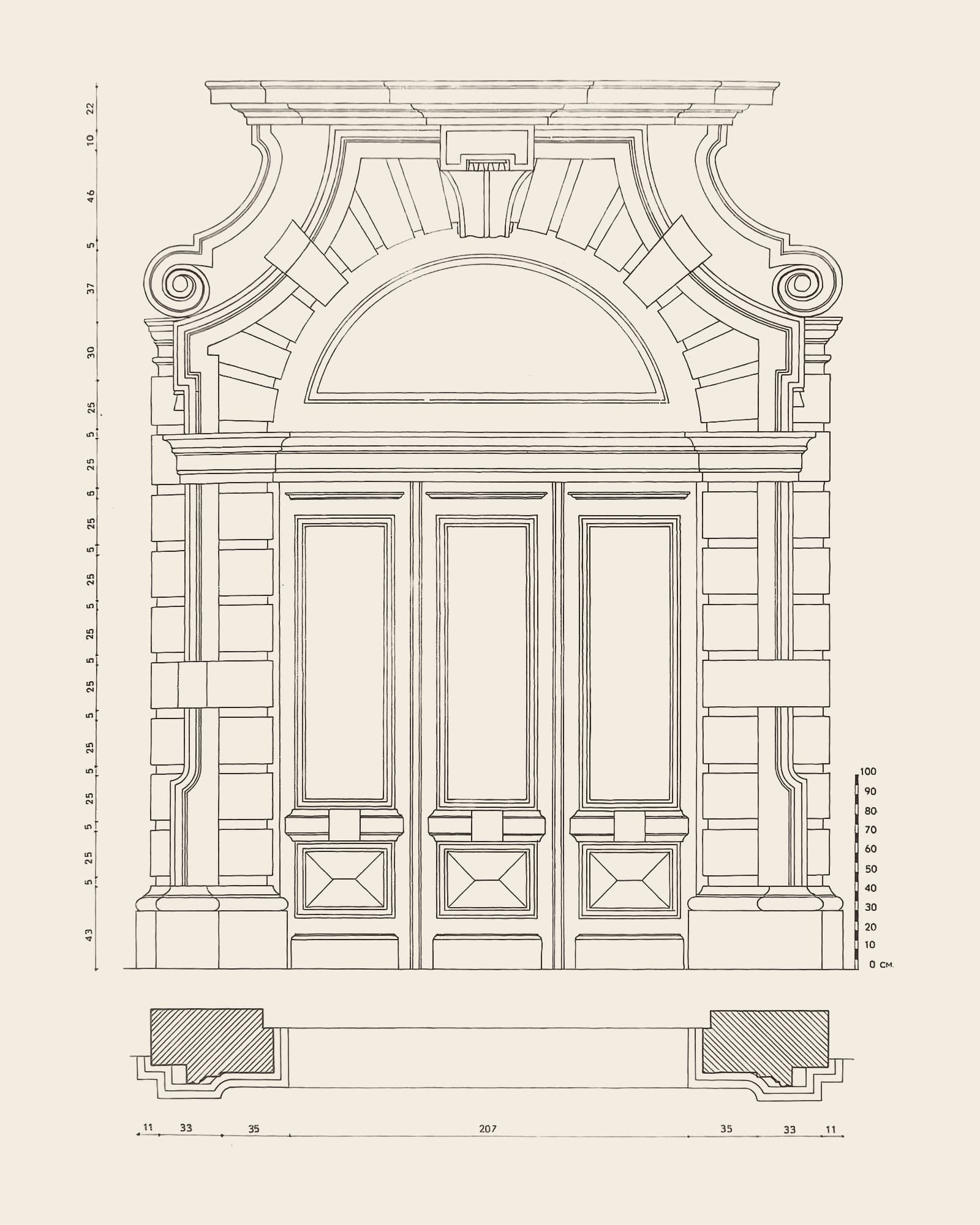 Measured drawing of the gate at Hoogstraat 15B: front view with dimension lines, scale bar and floor plan