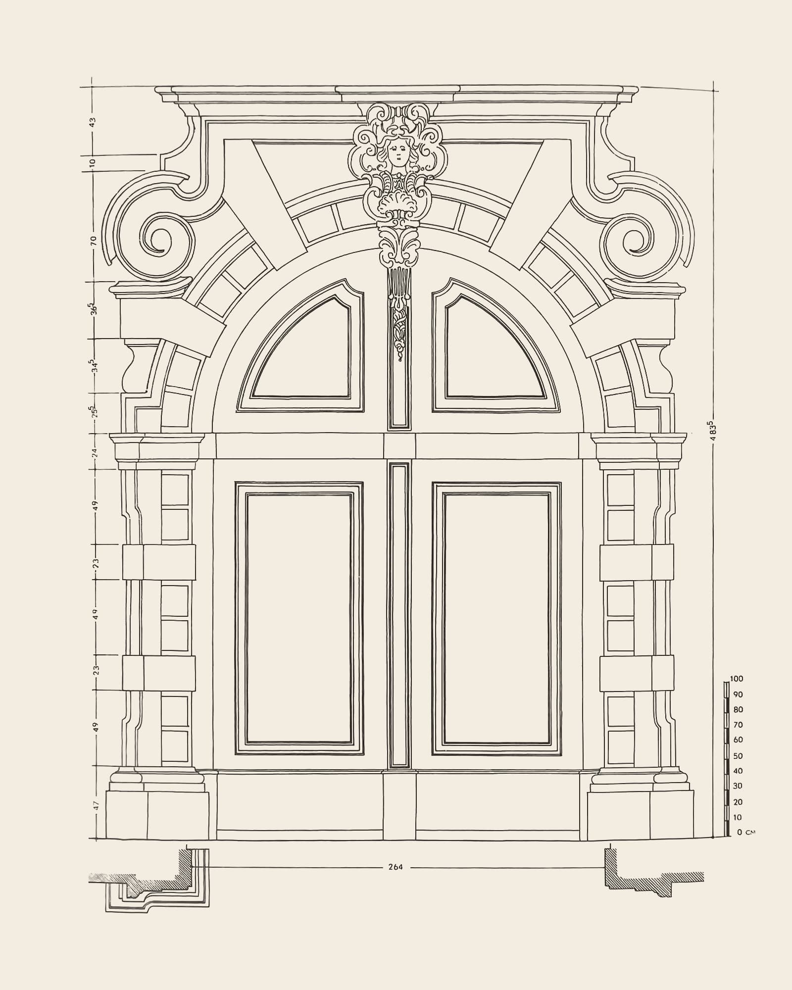 Measured drawing of the gate at Lange Gasthuisstraat 37: front view with dimension lines, scale bar and floor plan