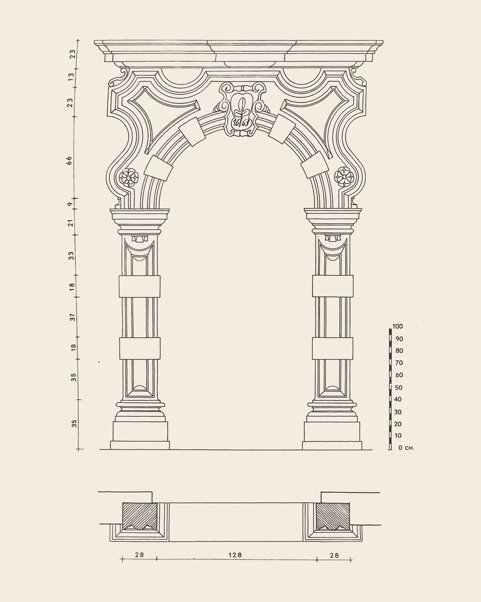 Measured drawing of the gate at Academy garden (from the Haverstraat): front view with dimension lines, scale bar and floor plan