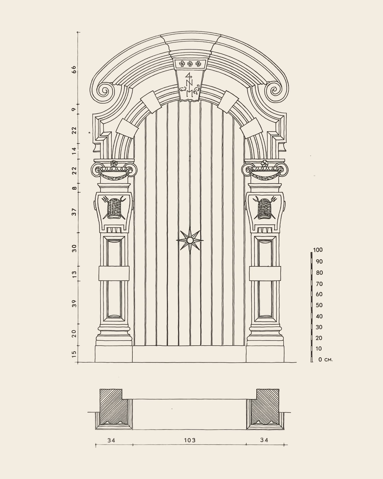 Measured drawing of the gate at Adriaan Brouwerstraat 20: front view with dimension lines, scale bar and floor plan