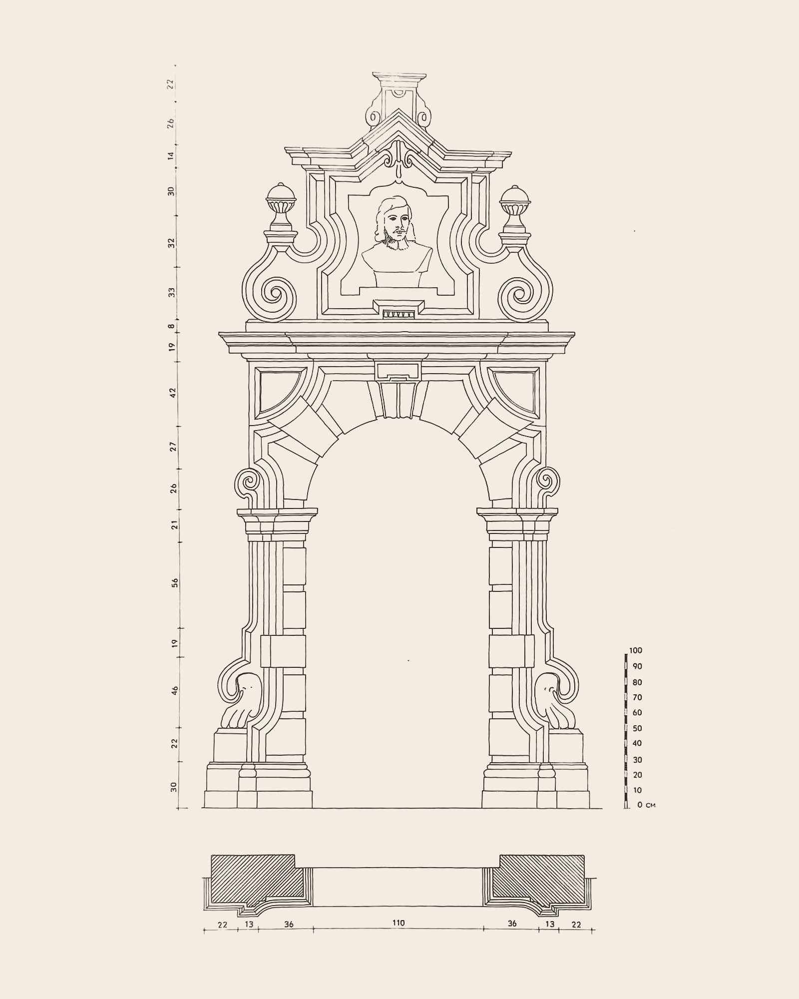 Measured drawing of the gate at Academy garden (from the Zakstraat, house De Gans): front view with dimension lines, scale bar and floor plan