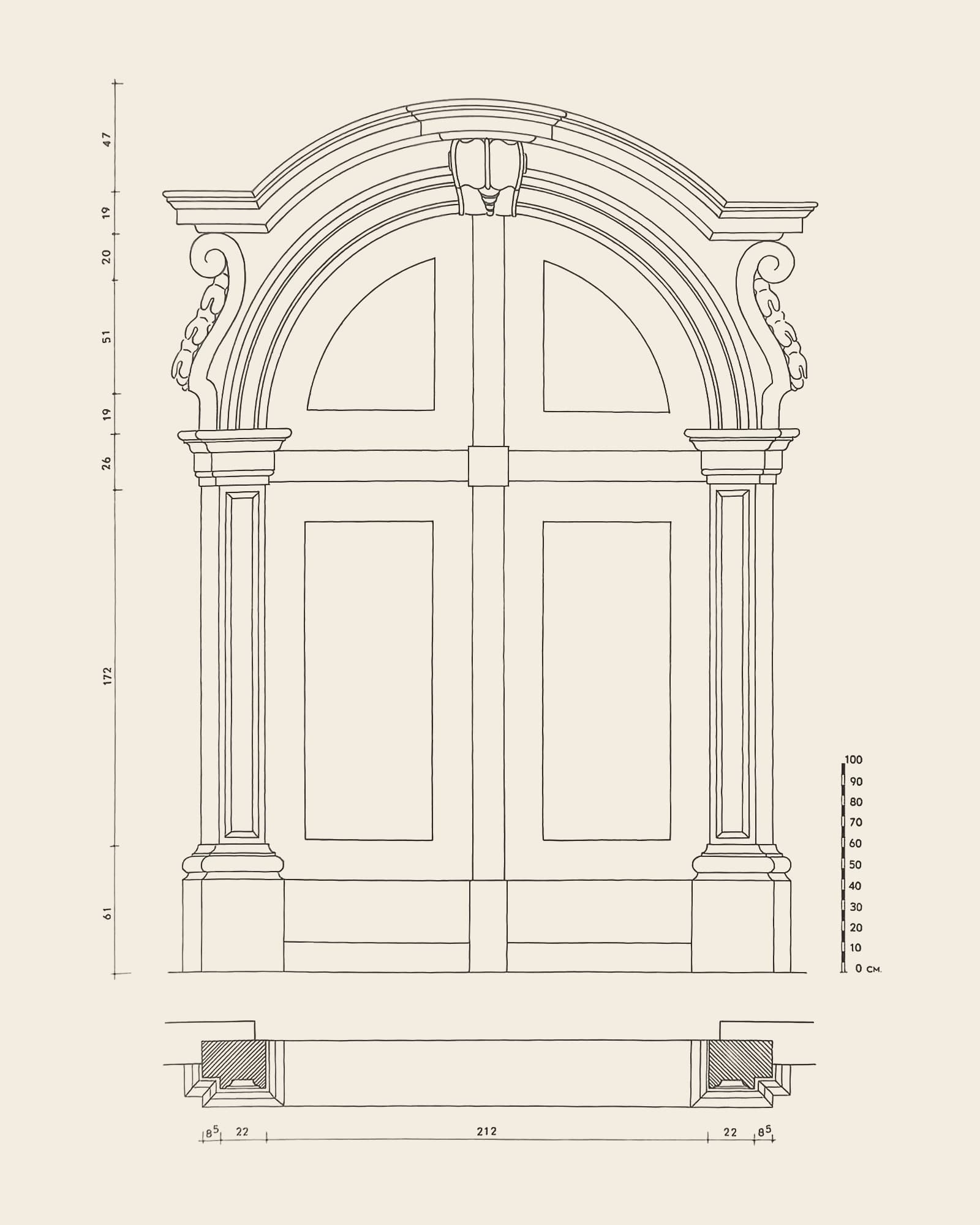 Measured drawing of the gate at Zwartzustersstraat 25: front view with dimension lines, scale bar and floor plan