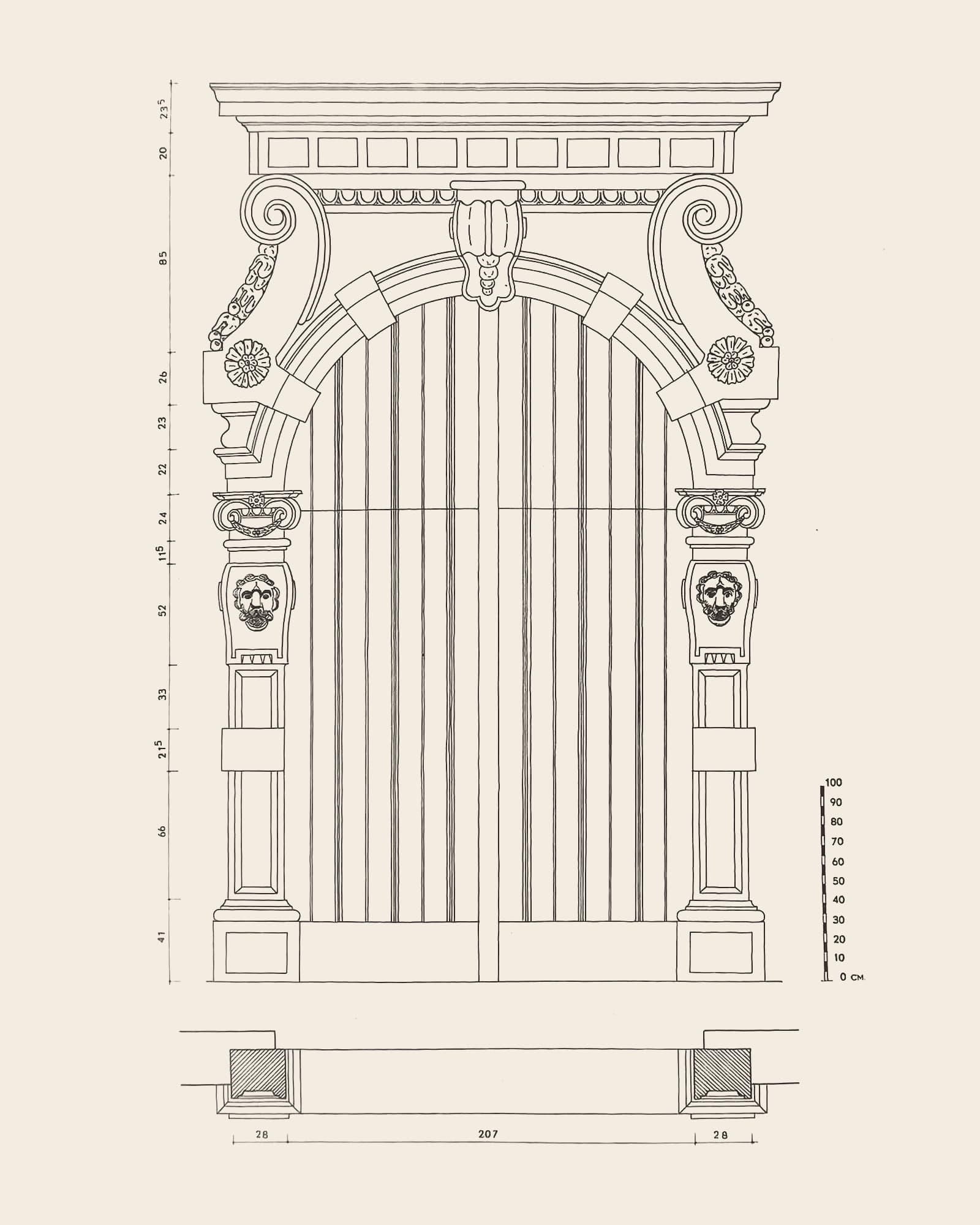 Measured drawing of the gate at Everdijstraat 45: front view with dimension lines, scale bar and floor plan