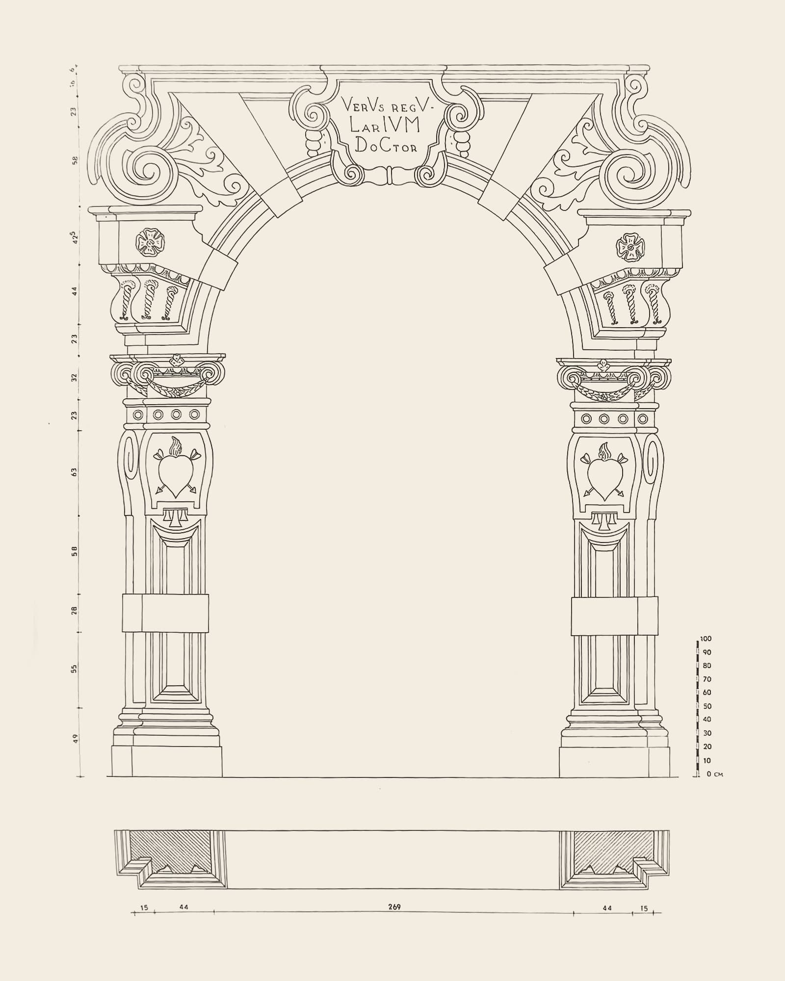 Measured drawing of the gate at Falconplein 39: front view with dimension lines, scale bar and floor plan