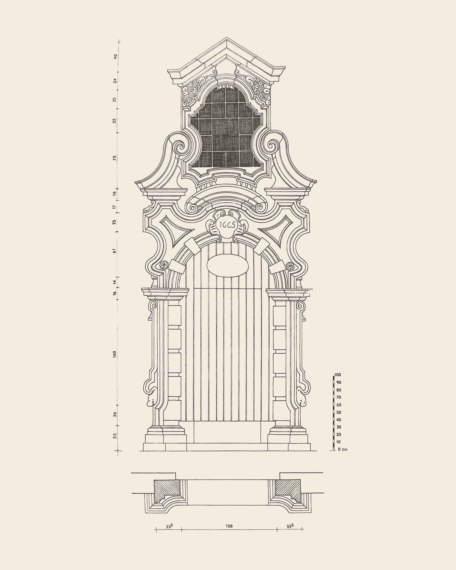 Measured drawing of the gate at Lange Nieuwstraat 45: front view with dimension lines, scale bar and floor plan