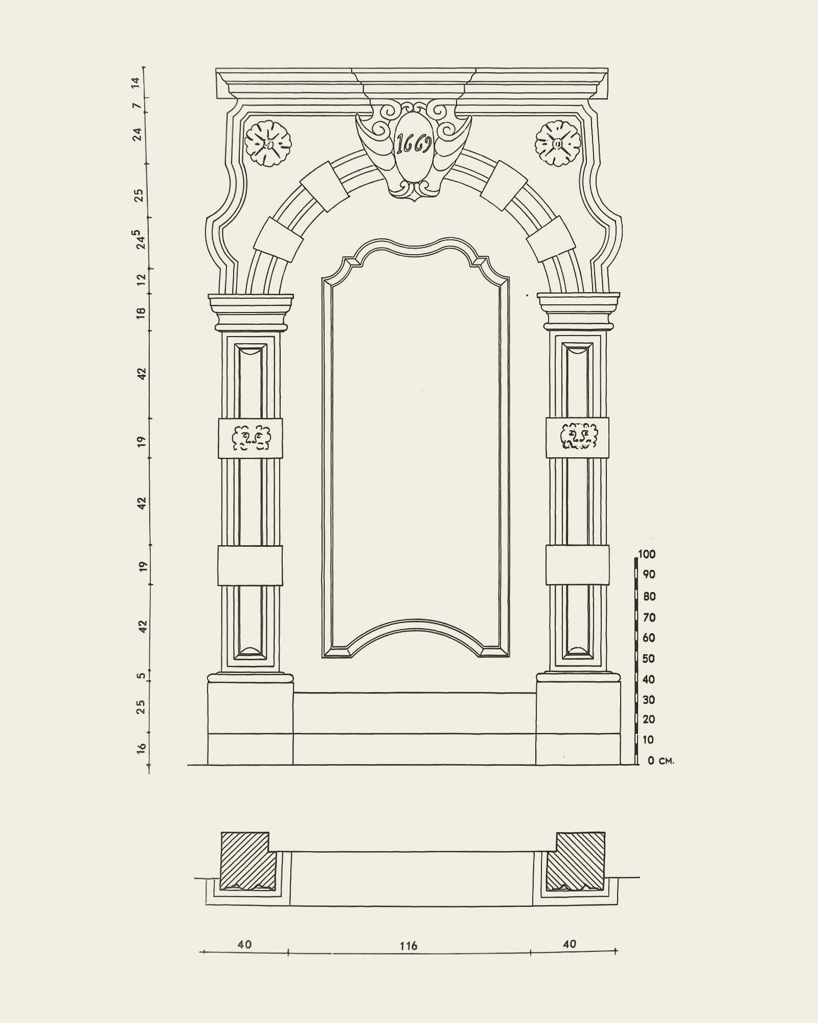 Measured drawing of the gate at Engelse Beurs 7: front view with dimension lines, scale bar and floor plan