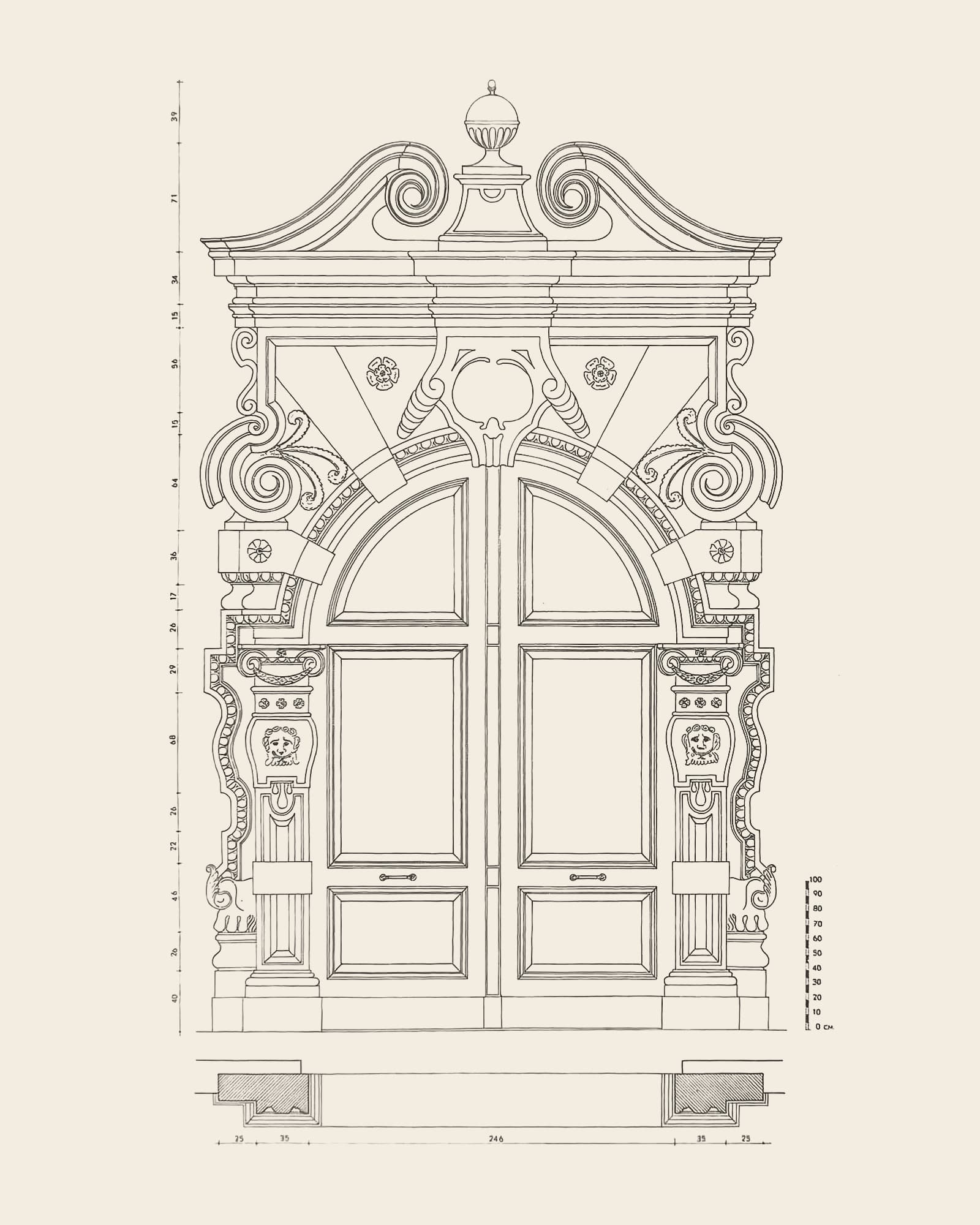 Measured drawing of the gate at Mutsaardstraat 30: front view with dimension lines, scale bar and floor plan