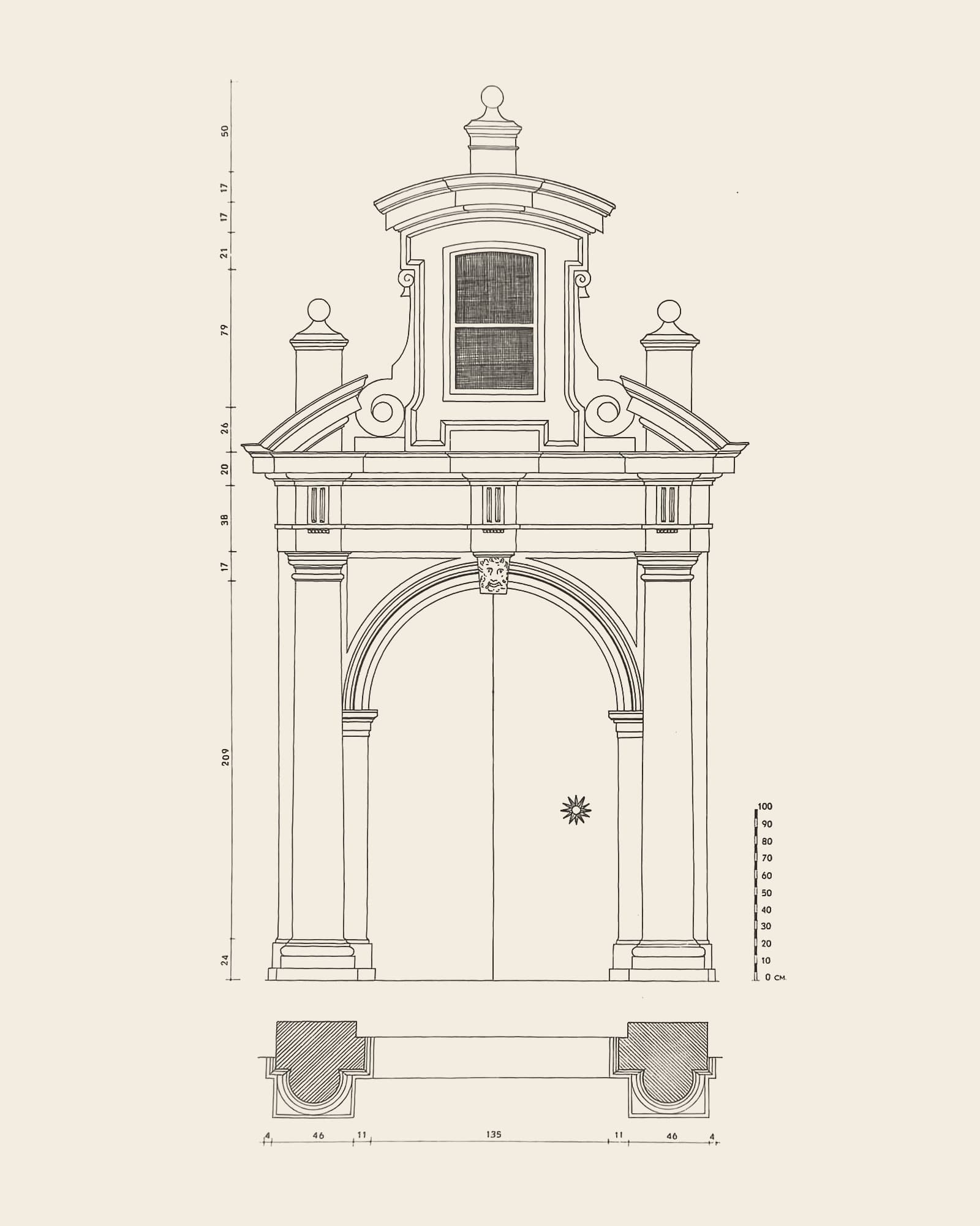 Measured drawing of the gate at Adriaan Brouwerstraat 17: front view with dimension lines, scale bar and floor plan