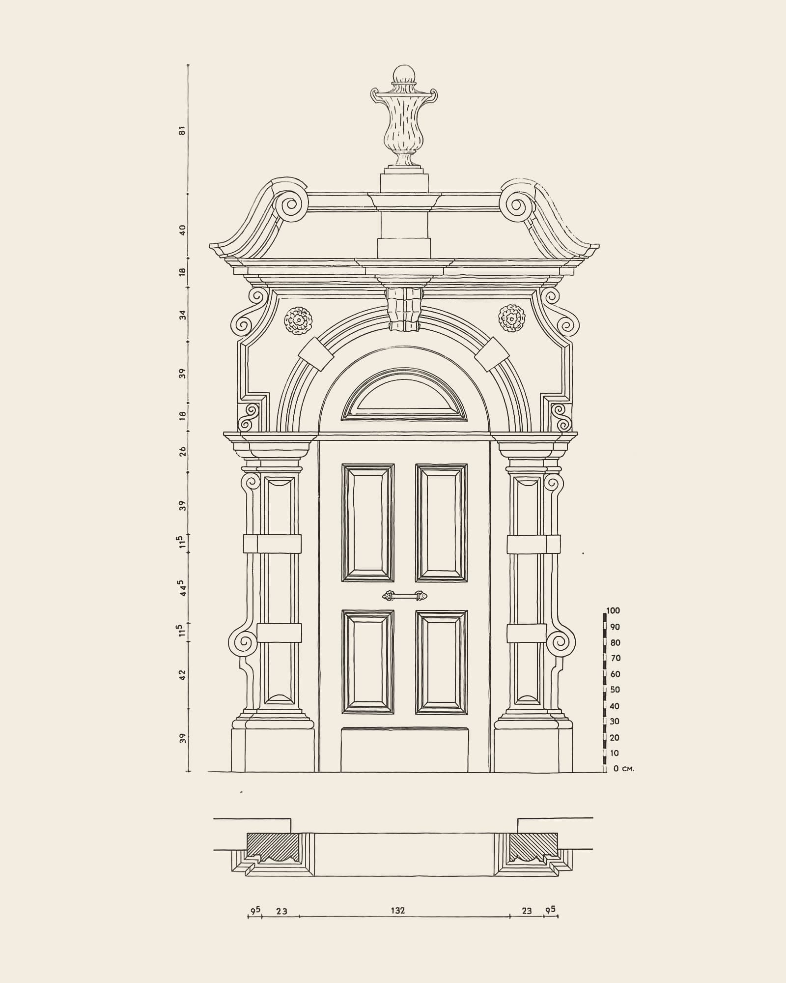 Measured drawing of the gate at Rodestraat 43: front view with dimension lines, scale bar and floor plan