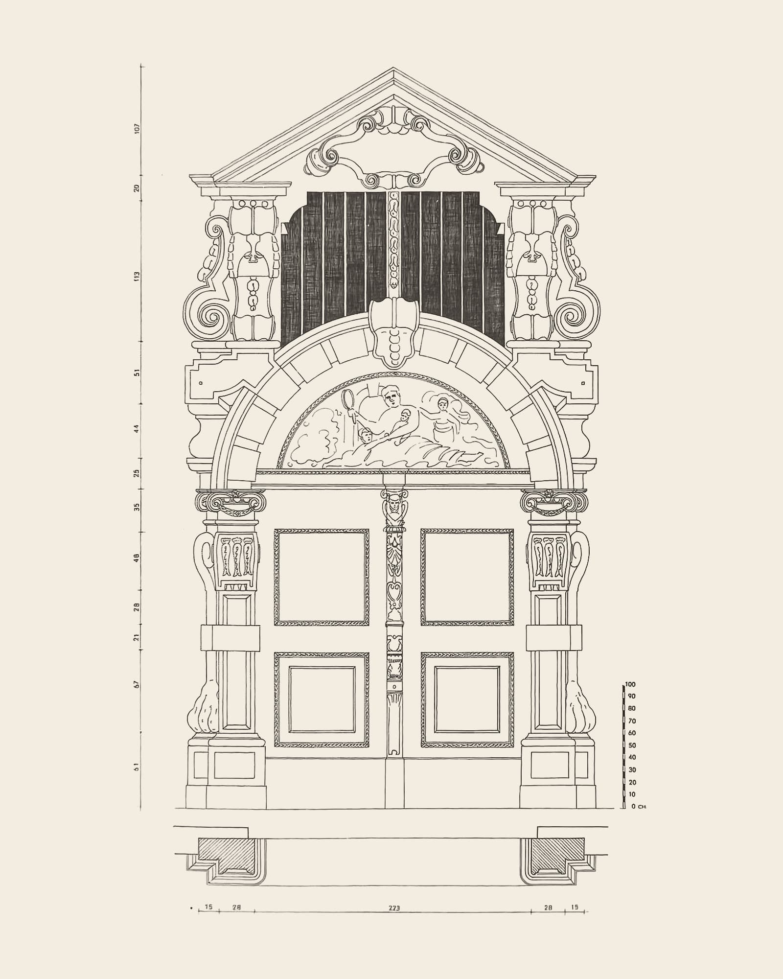 Measured drawing of the gate at Oude Beurs 16: front view with dimension lines, scale bar and floor plan
