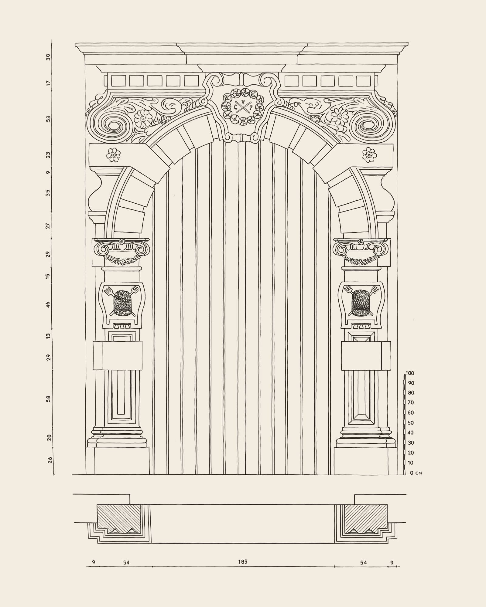 Measured drawing of the gate at Academy garden (from the Brouwersstraat): front view with dimension lines, scale bar and floor plan