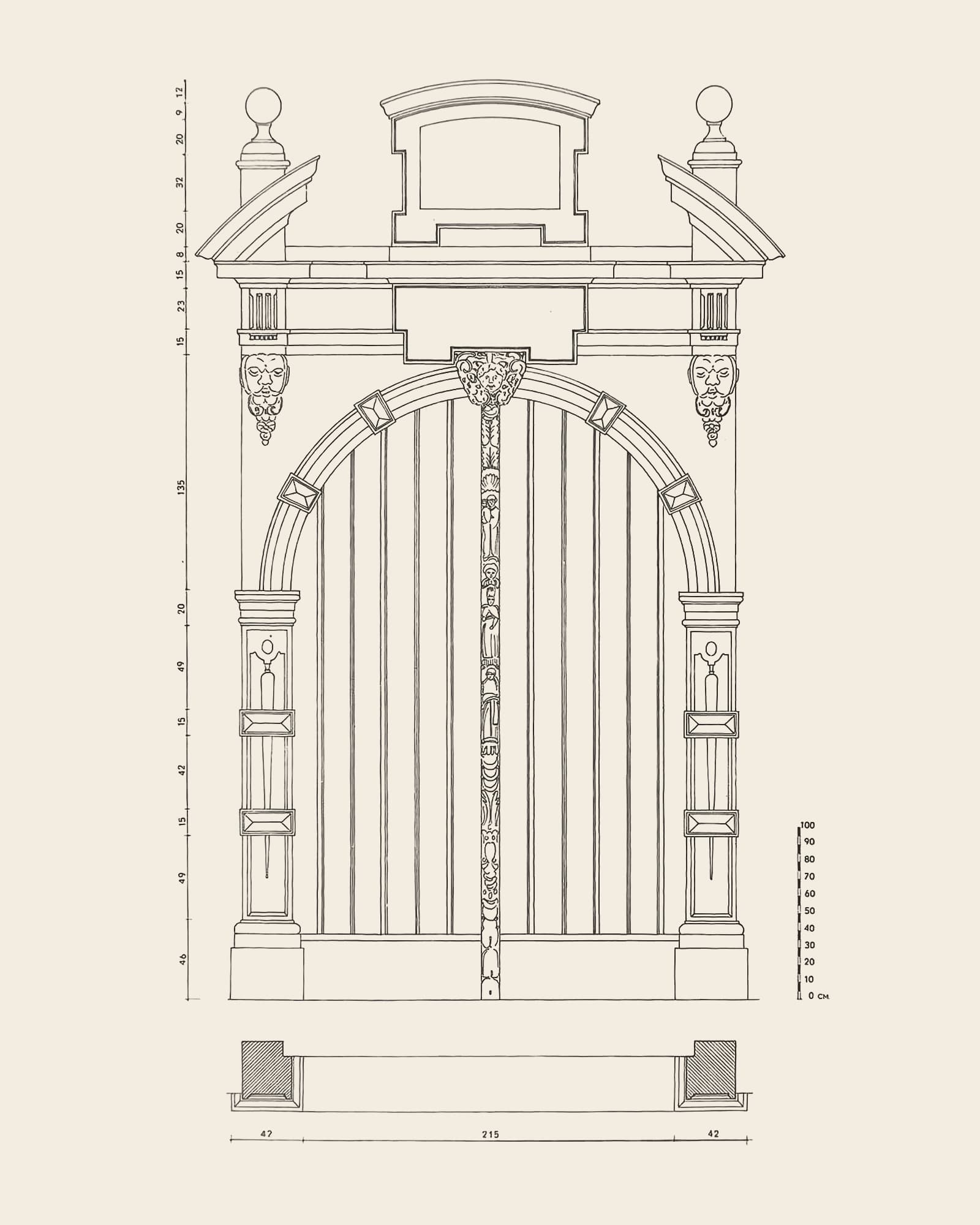 Measured drawing of the gate at Academy garden (from the Kipdorp): front view with dimension lines, scale bar and floor plan