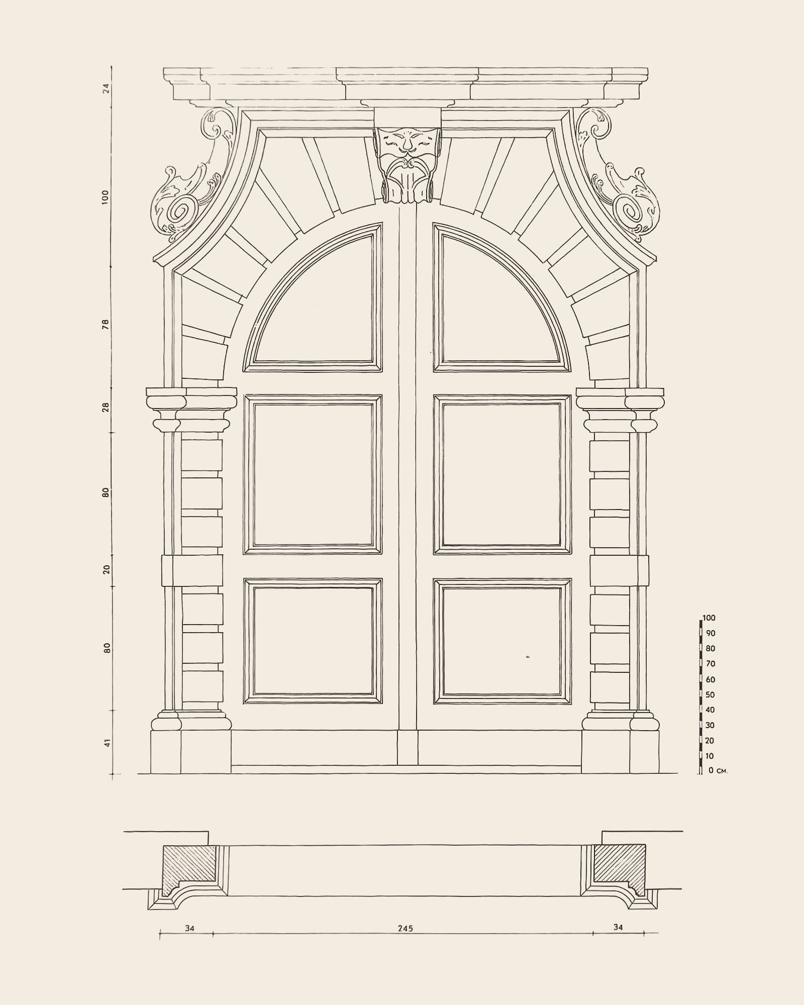 Measured drawing of the gate at Kloosterstraat 13: front view with dimension lines, scale bar and floor plan
