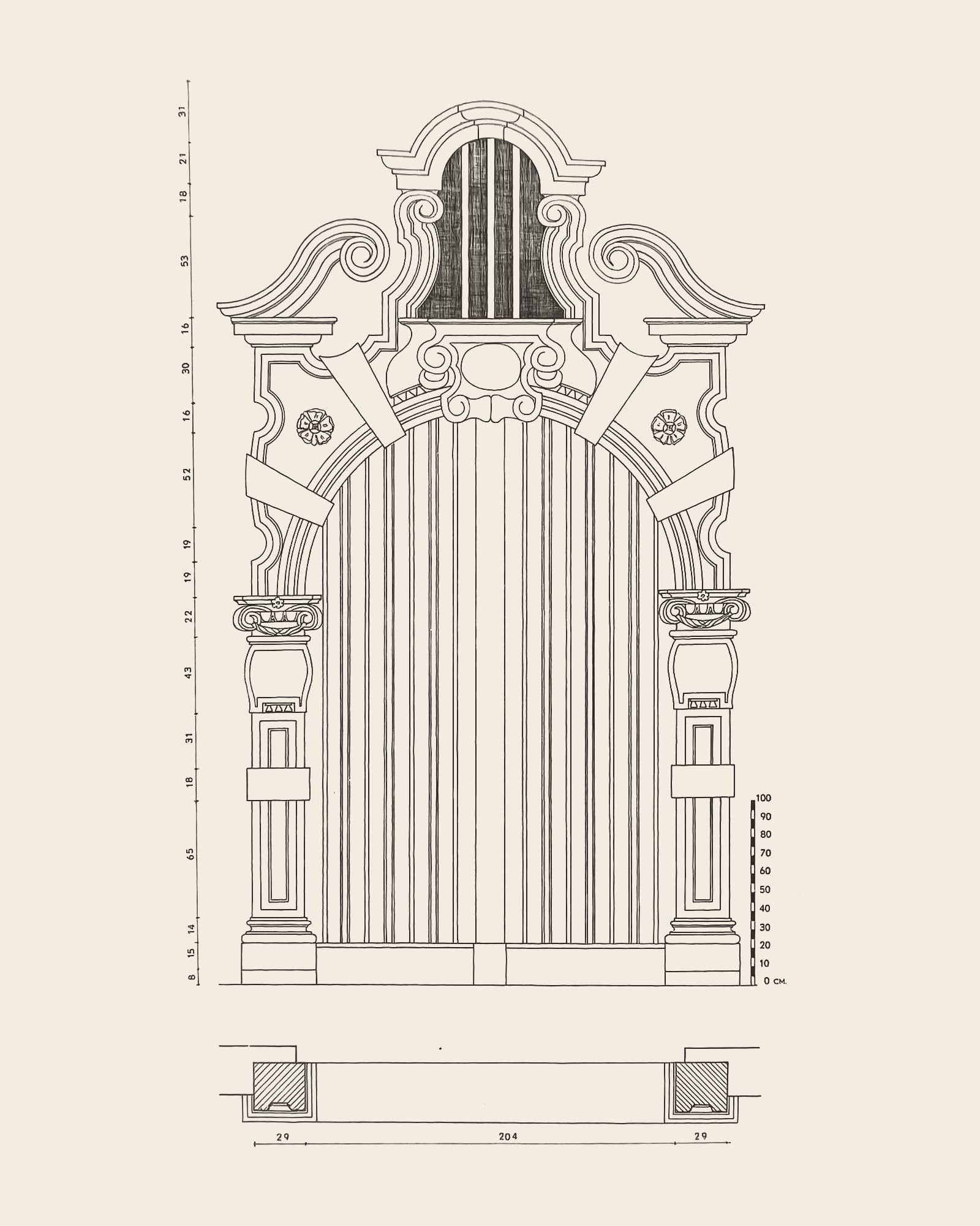 Measured drawing of the gate at Melkmarkt 37: front view with dimension lines, scale bar and floor plan