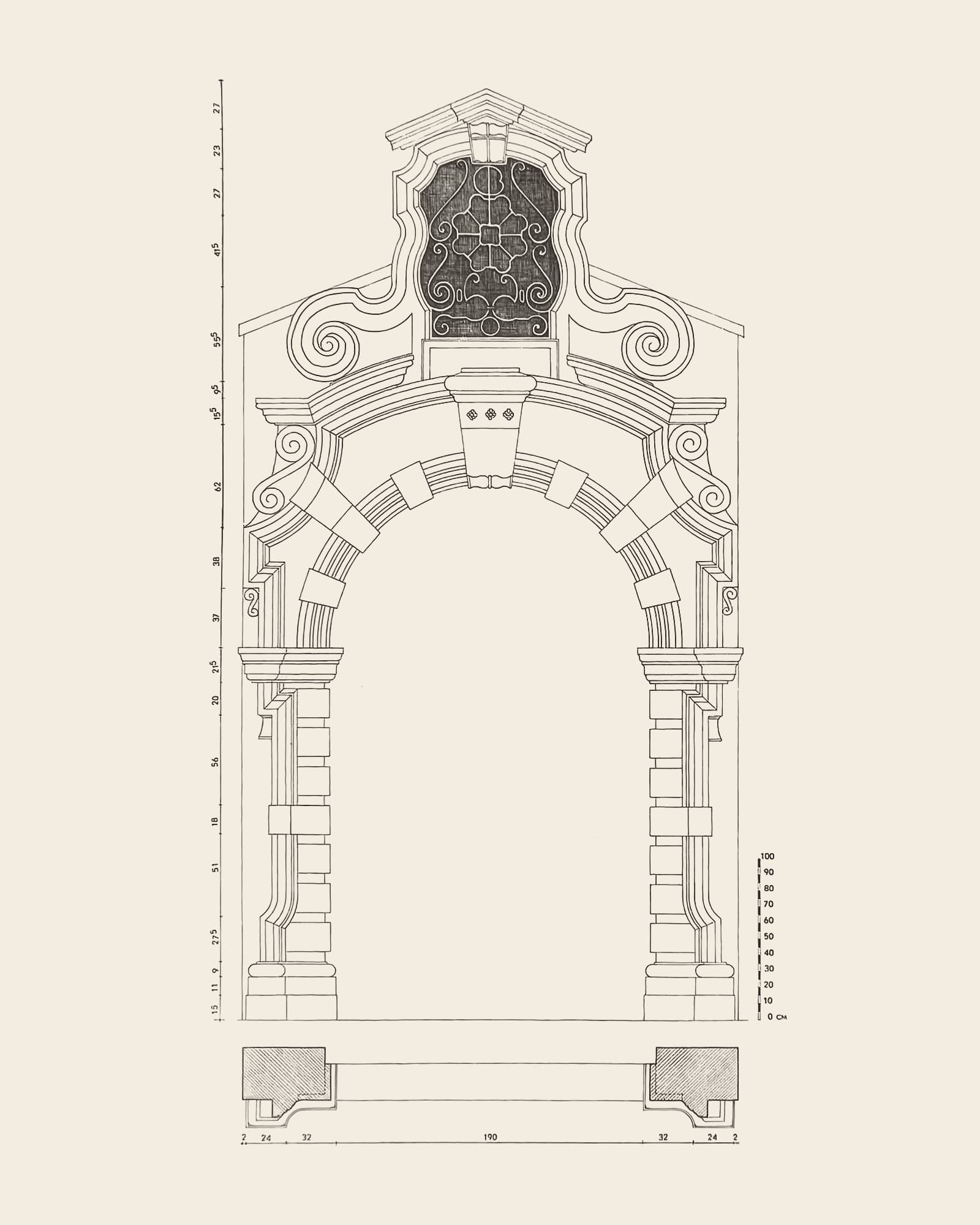 Measured drawing of the gate at Academy garden (from the Cellebroeders convent): front view with dimension lines, scale bar and floor plan