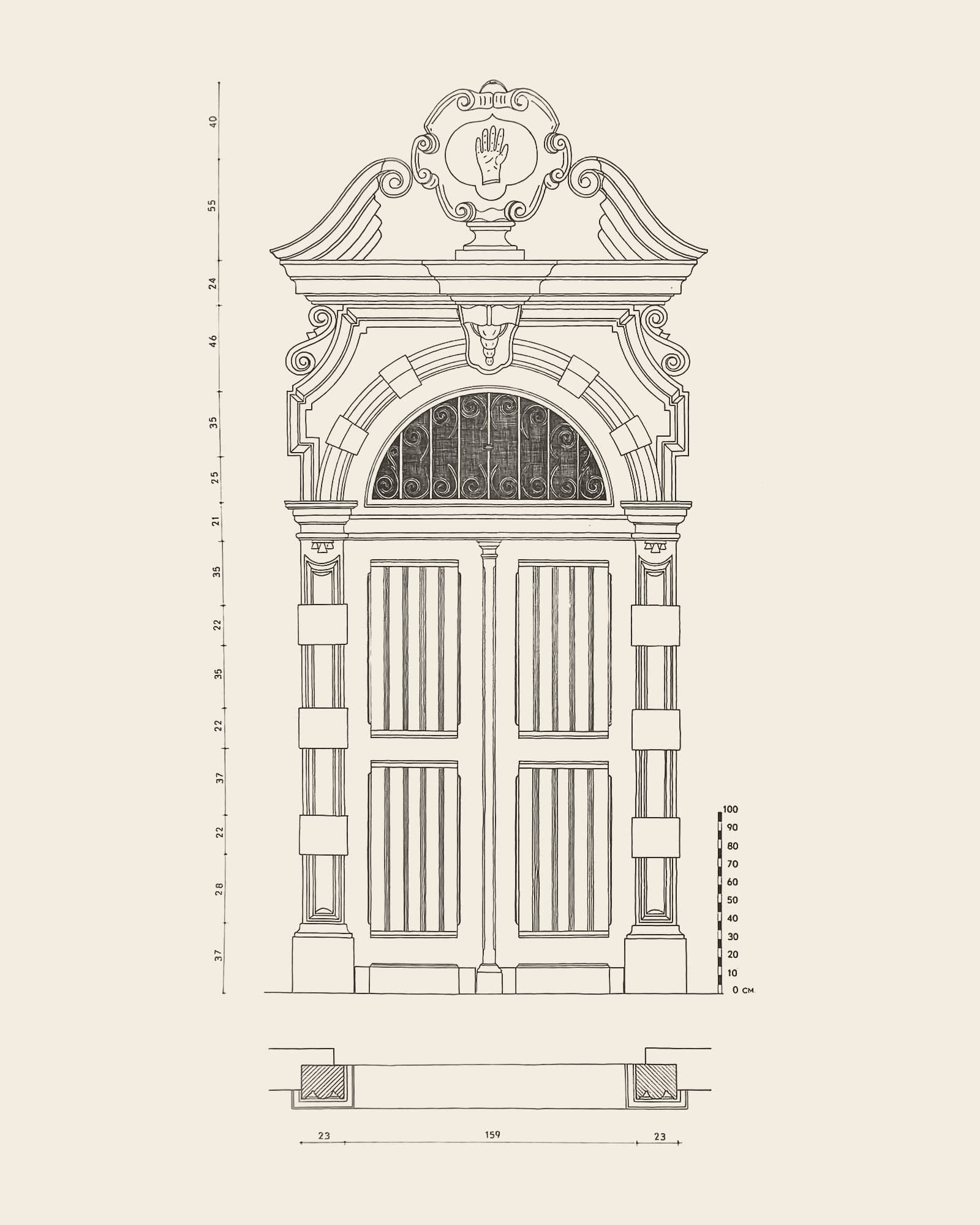 Measured drawing of the gate at Oudeleeuwenrui 58: front view with dimension lines, scale bar and floor plan