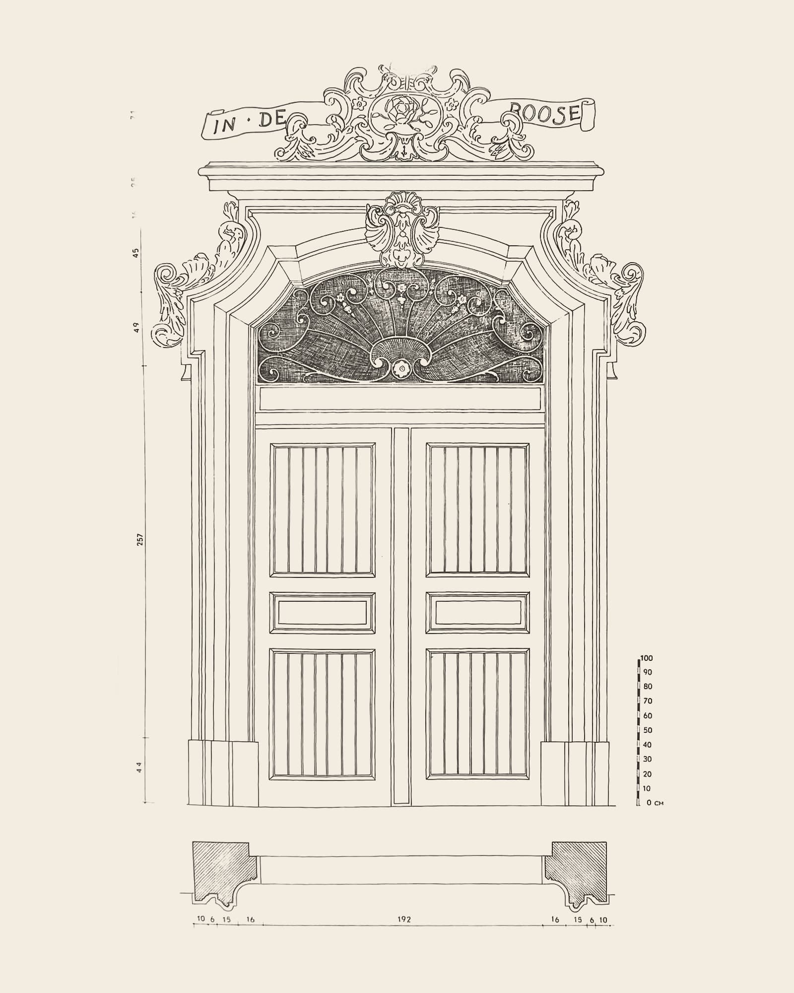 Measured drawing of the gate at Adriaan Brouwerstraat 29: front view with dimension lines, scale bar and floor plan