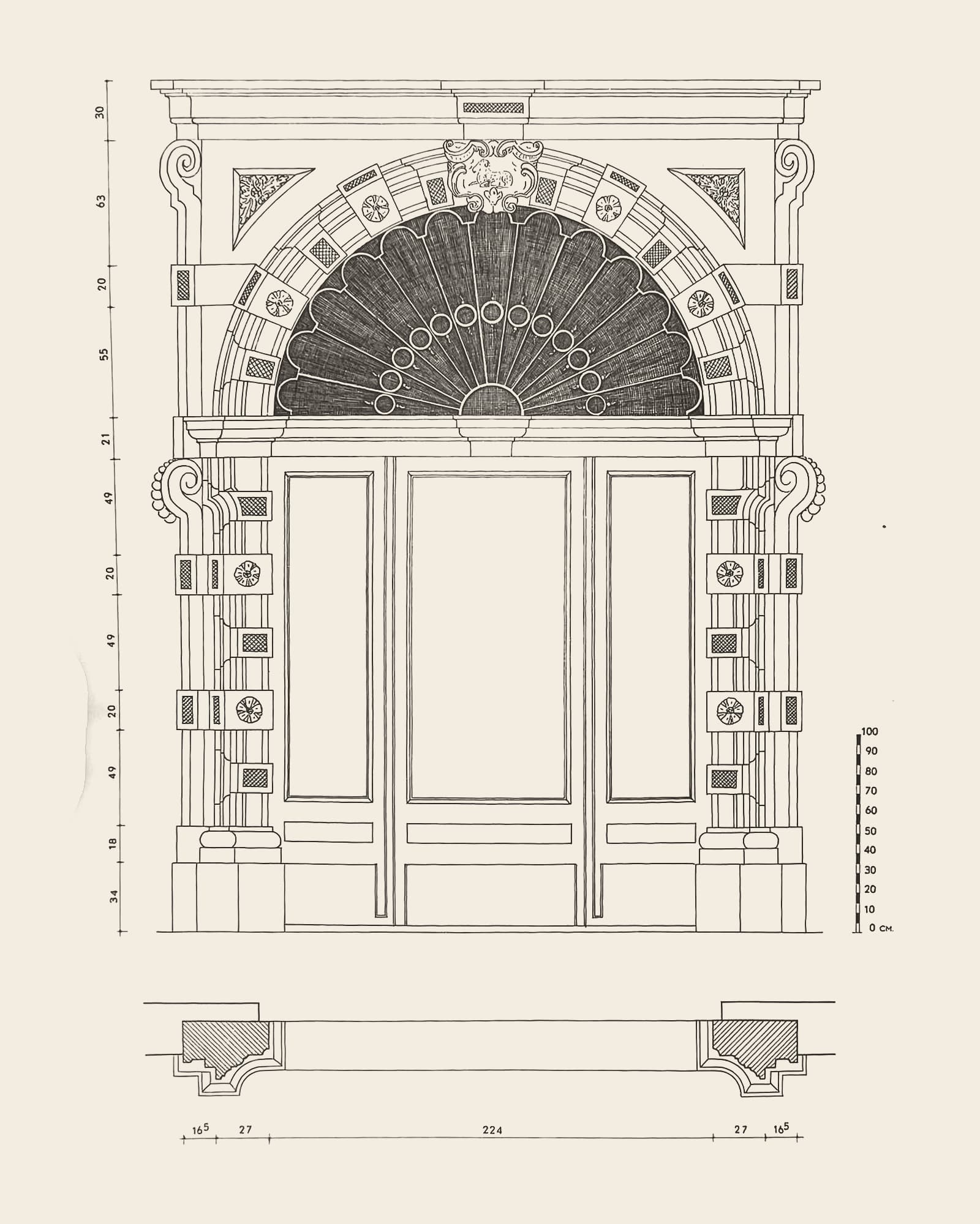 Measured drawing of the gate at Suikerrui 22: front view with dimension lines, scale bar and floor plan