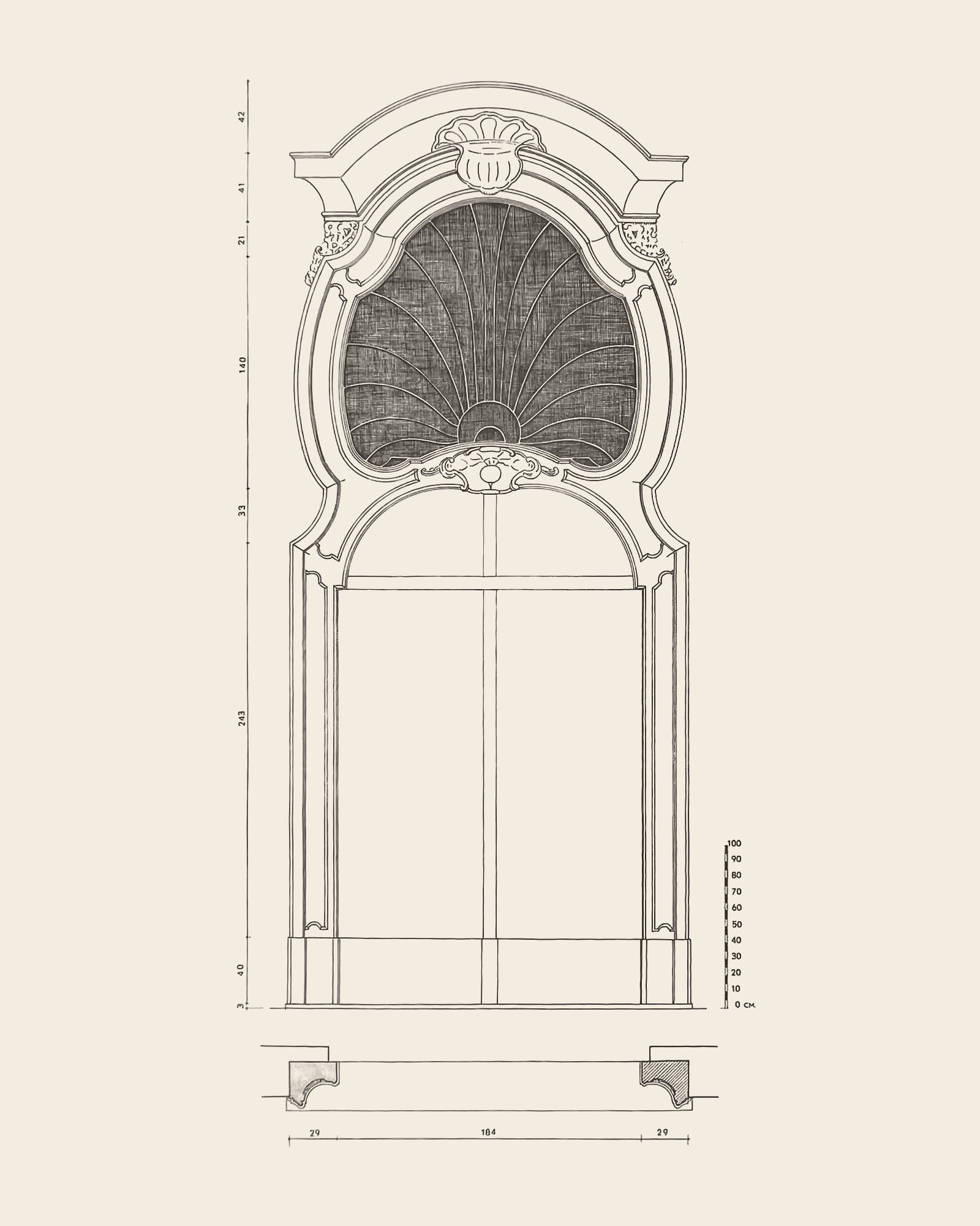 Measured drawing of the gate at Raapstraat 27: front view with dimension lines, scale bar and floor plan