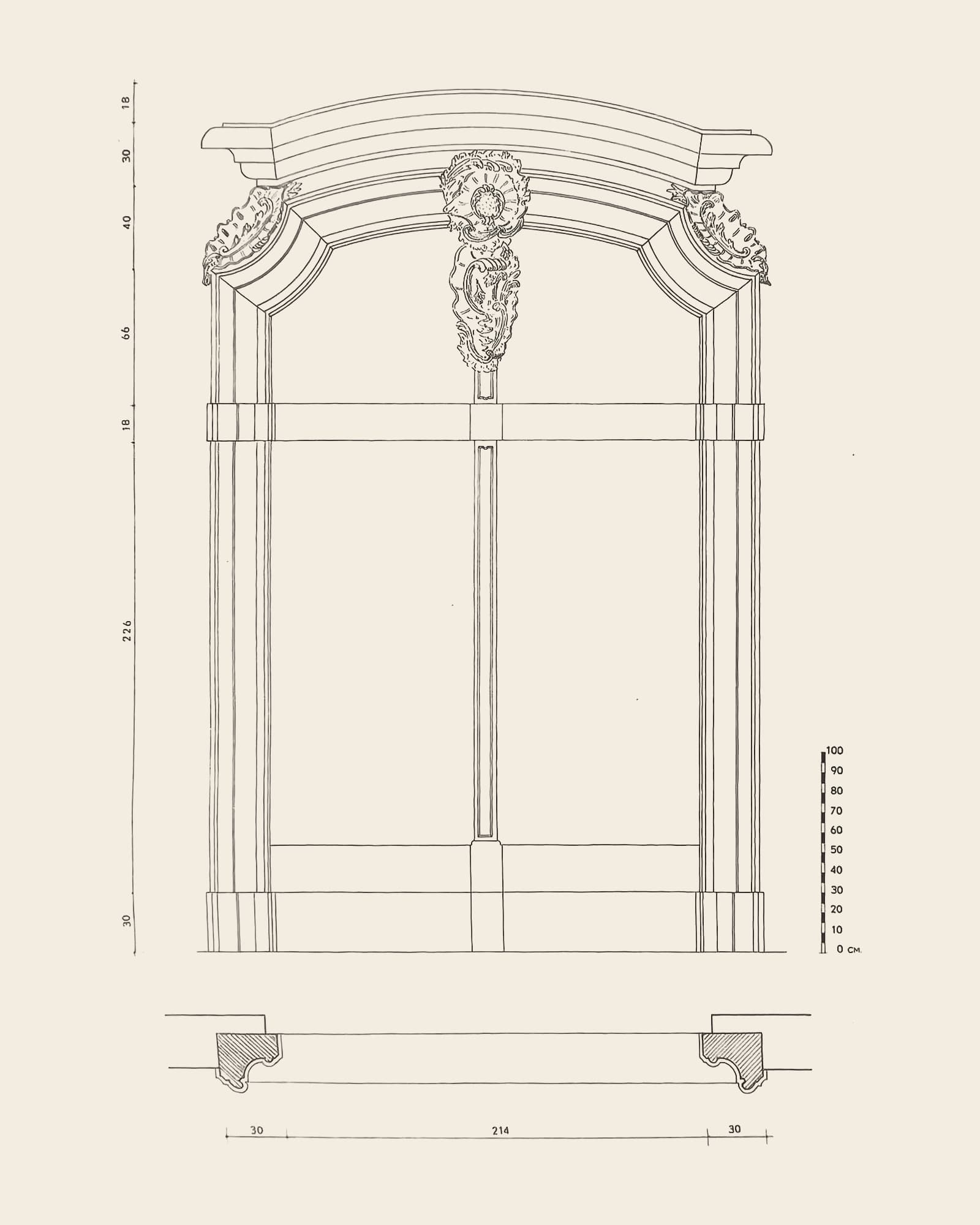 Measured drawing of the gate at Rodestraat 44: front view with dimension lines, scale bar and floor plan