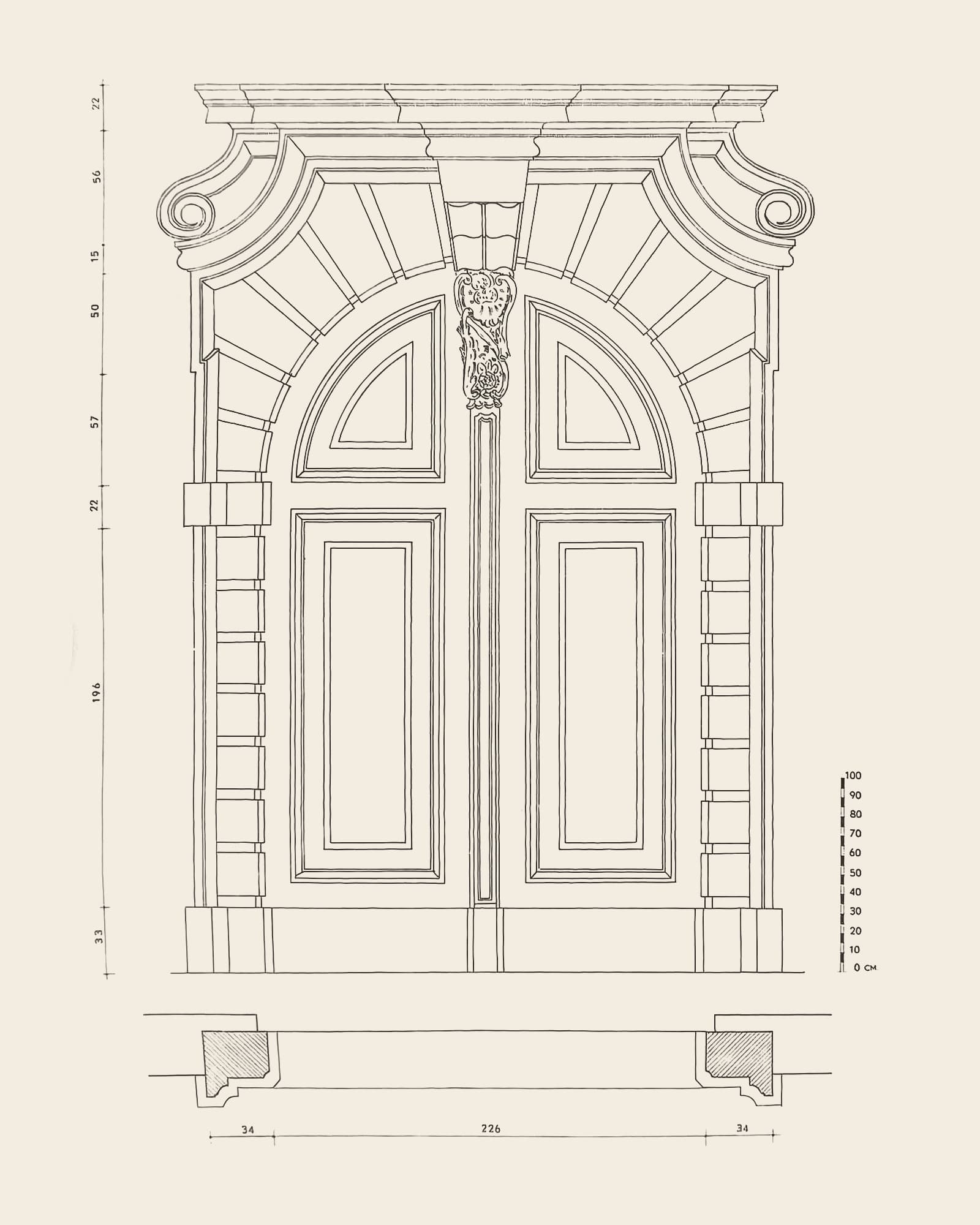 Measured drawing of the gate at Lange Nieuwstraat 36: front view with dimension lines, scale bar and floor plan