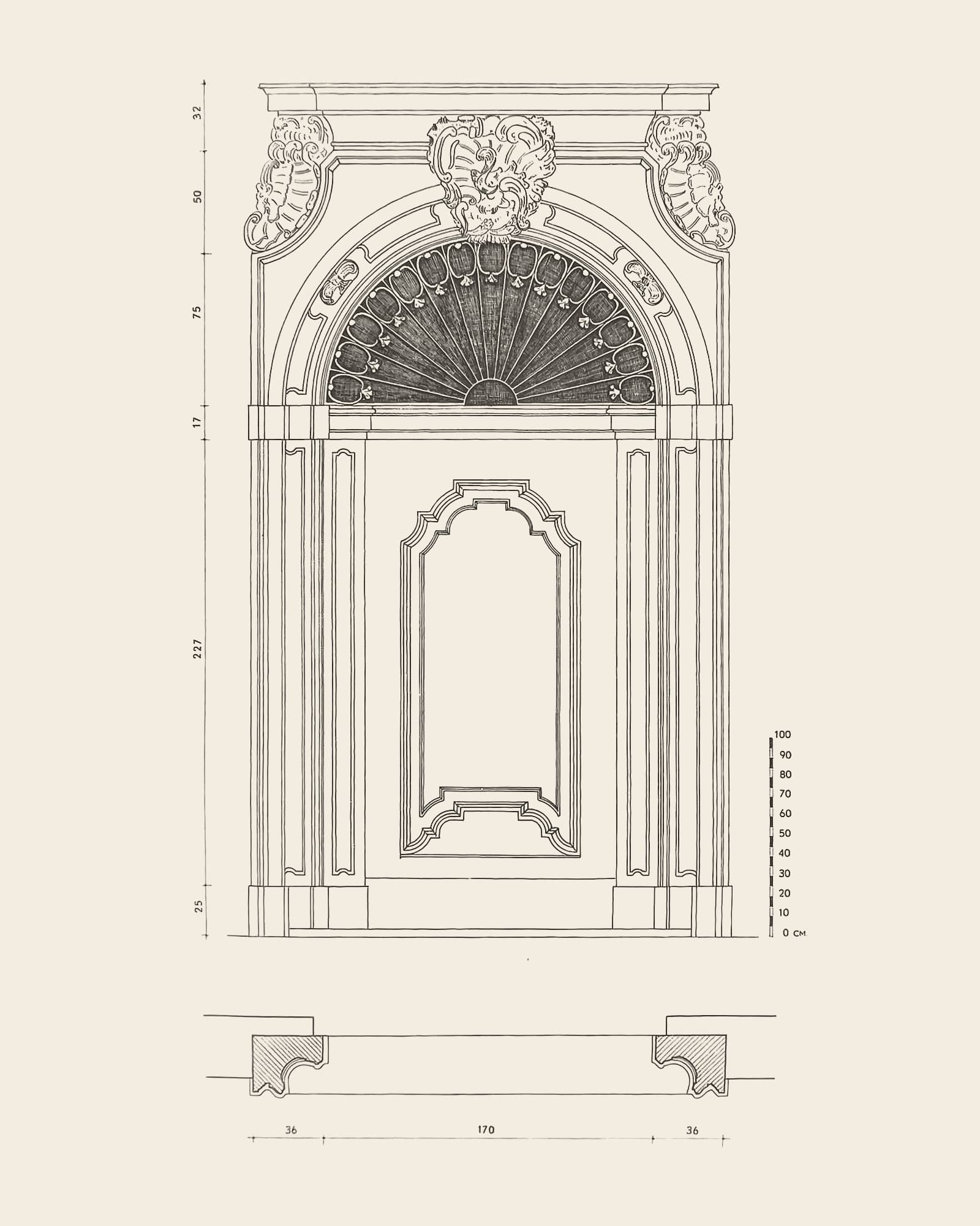 Measured drawing of the gate at Keizerstraat 16: front view with dimension lines, scale bar and floor plan