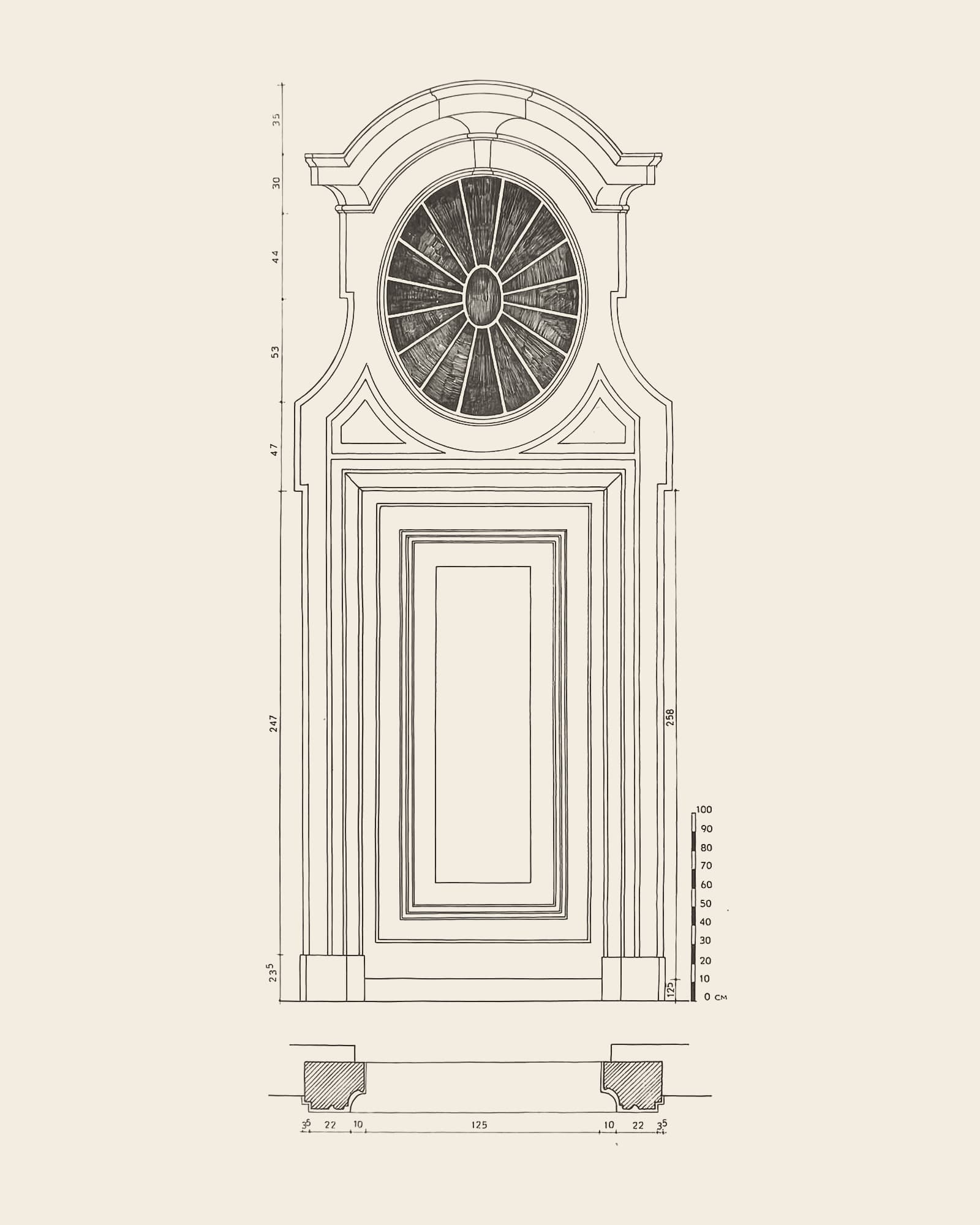 Measured drawing of the gate at Koningstraat 14: front view with dimension lines, scale bar and floor plan