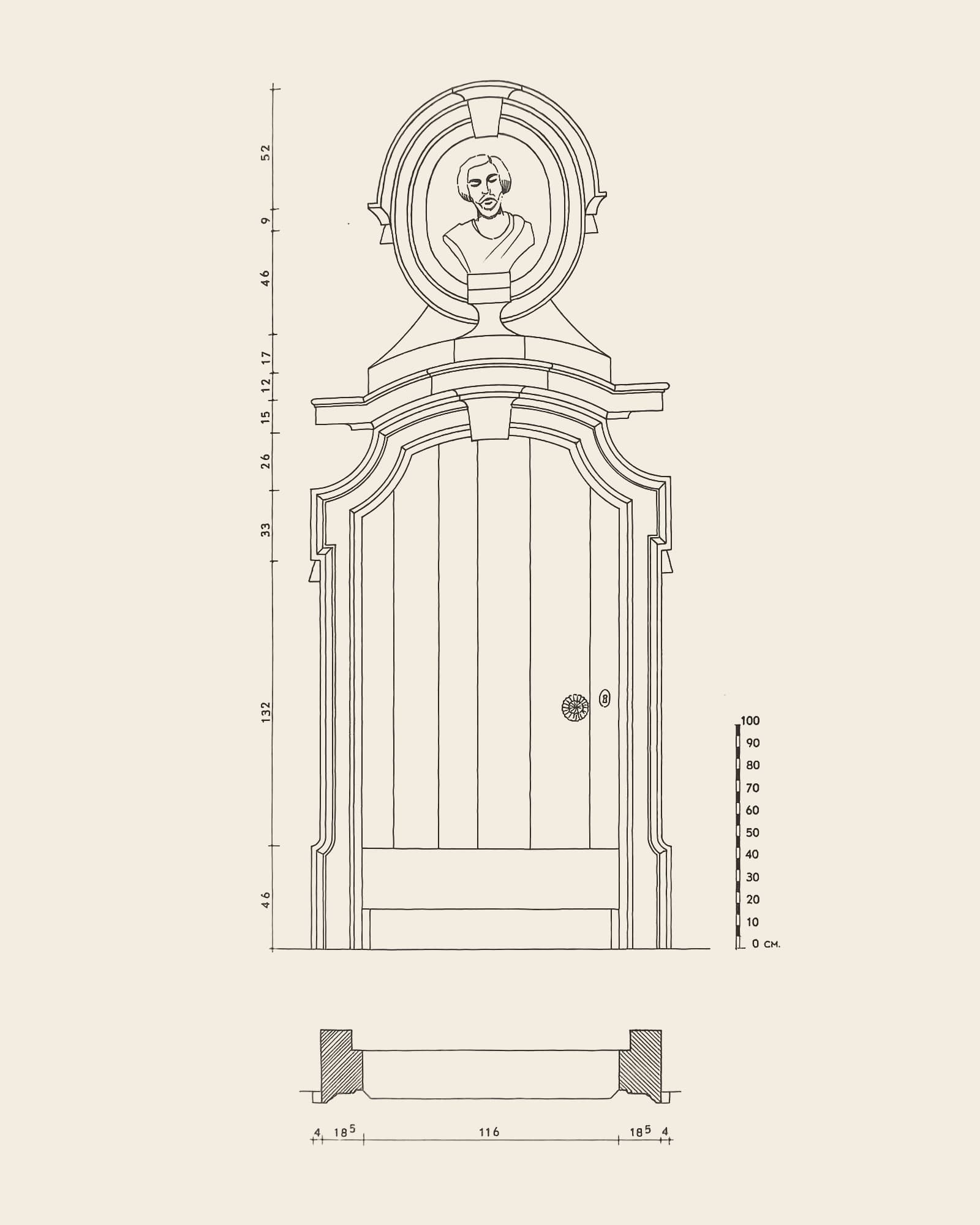 Measured drawing of the gate at Rosier 24: front view with dimension lines, scale bar and floor plan