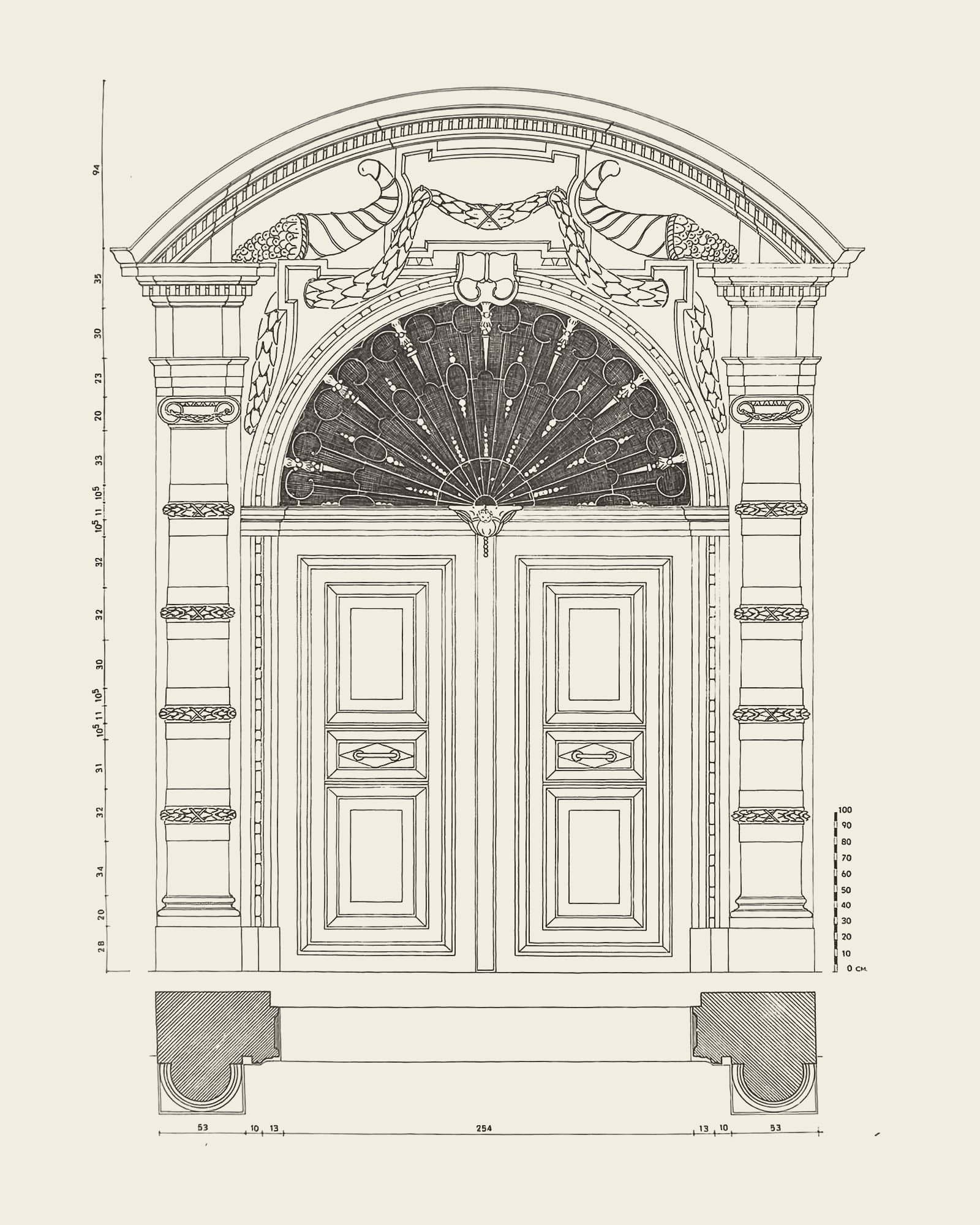 Measured drawing of the gate at Oude Beurs 27: front view with dimension lines, scale bar and floor plan