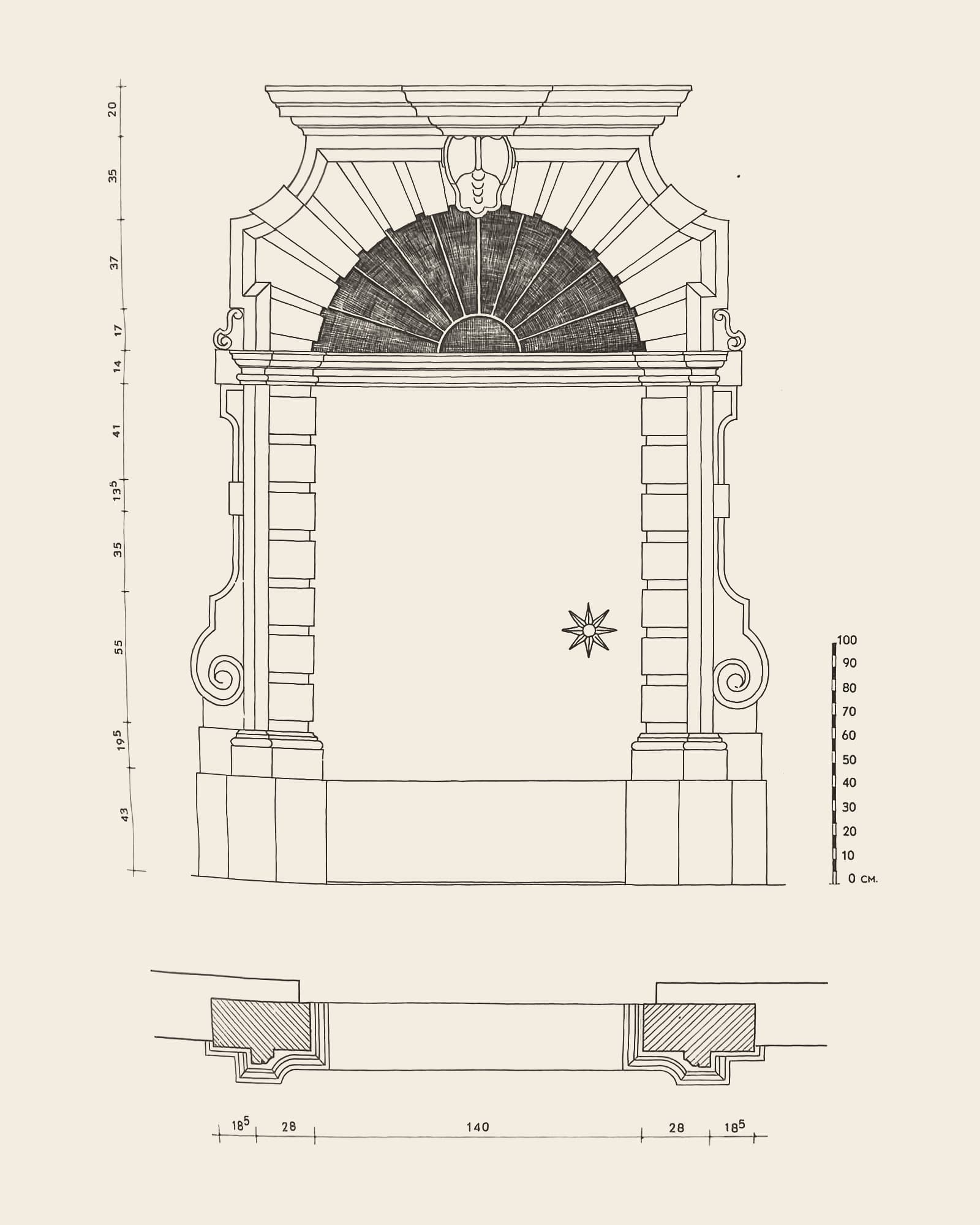Measured drawing of the gate at Deurne, presbytery: front view with dimension lines, scale bar and floor plan