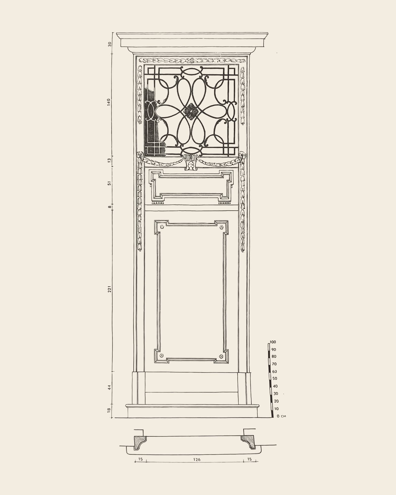 Measured drawing of the gate at Gratiekapelstraat 24: front view with dimension lines, scale bar and floor plan